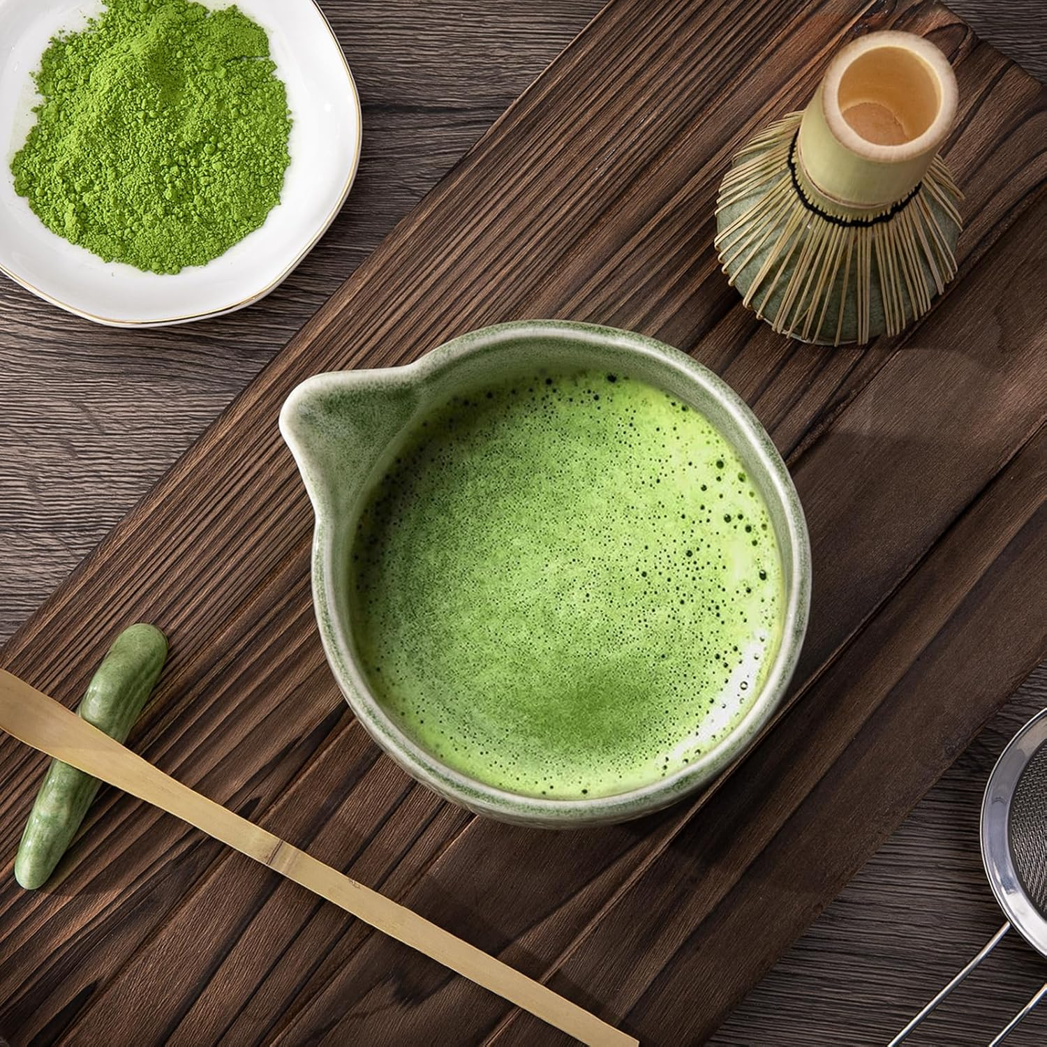 Matcha Whisk Set, 7 Pcs Ceramic Matcha Kit for Traditional Tea Ceremony, with Handmade Spout Bowl, Bamboo Scoop and Rest, Whisk, Chasen Holder, Sifter, Tea Towel, Unique Gifts for Matcha Lovers, Green image number 4
