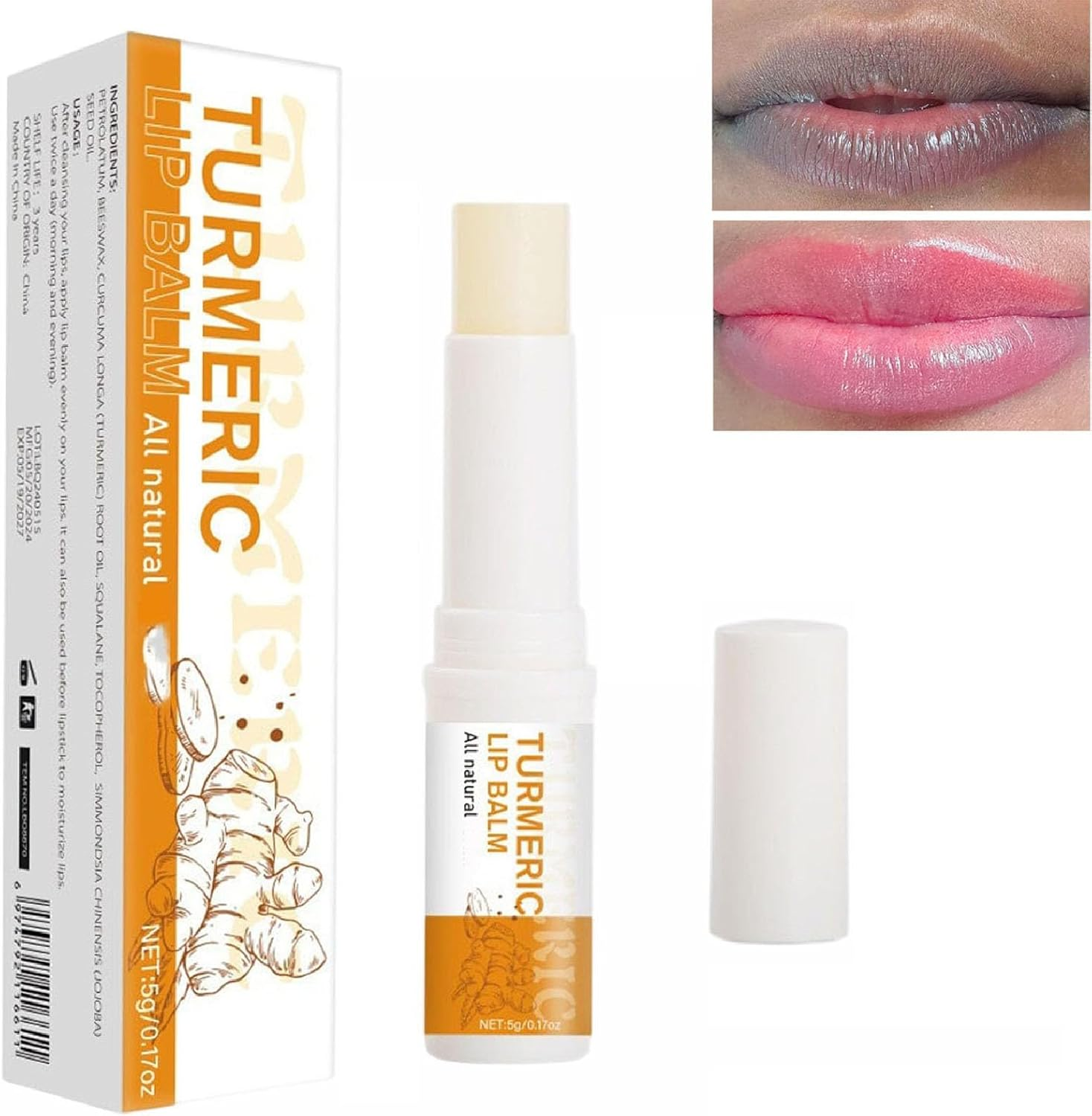 Turmeric Root Oil Lip Balm Stick and Exfoliating Scrub, Nourishing, Soothing & Moisturizing Lip Care Duo, Hydrating Balm Stick & Gentle Exfoliating Scrub for Dry or Chapped Lips (3PCS)