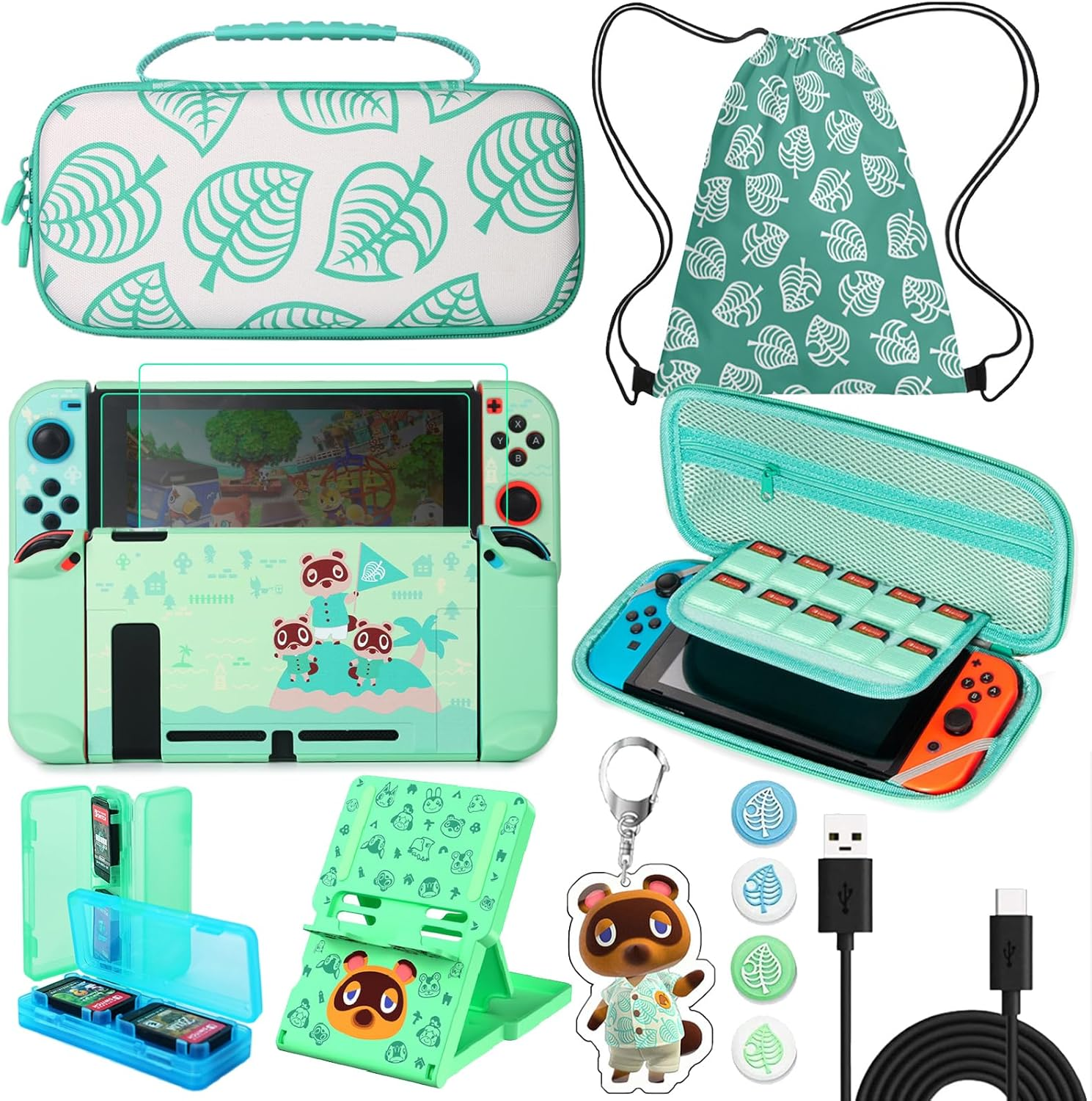 Tikodirect Carrying Case for Nintendo Switch, Cute Portable Travel Bag Accessories with Protective Case, Screen Protectors, Stand, Game Card Case and Thumb Grip Caps[Keychain Gift], Animal Crossing