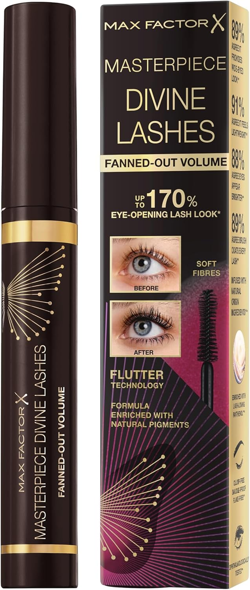 Max Factor Masterpiece Divine Lashes Volumising Mascara, Black Brown, Natural-Pigment Formula, Clump-Free Volume, Fanned Out Volume, All-Day Volume,8Ml
