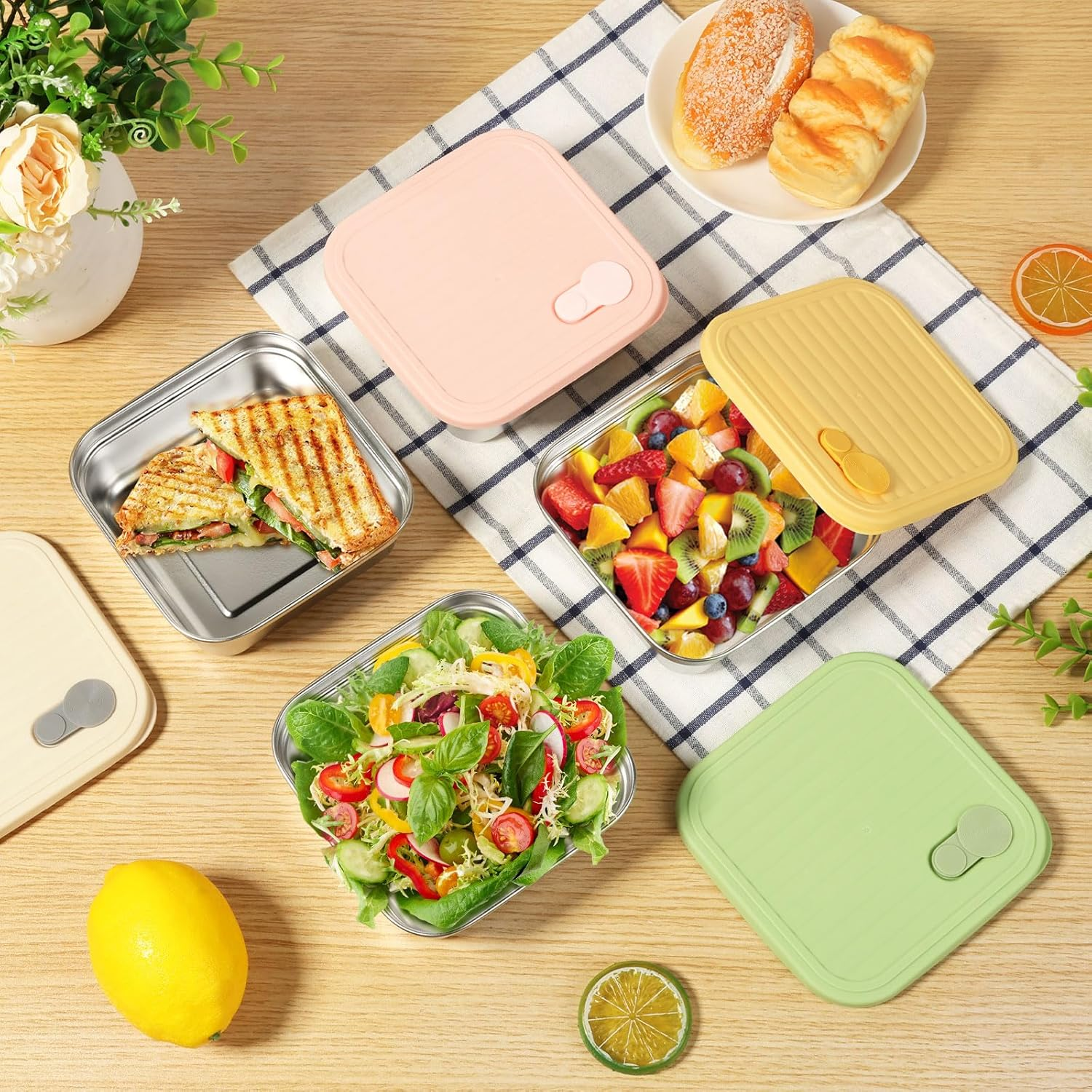 Rdjeokf 4 Pcs Sandwich Containers, Stainless Steel Bento Lunch Box with Airtight Lid, Leakproof Sandwich Box, 21 Ounce Food Storage Containers for Kitchen, Fridge, Travel (01) - 02 image number 3