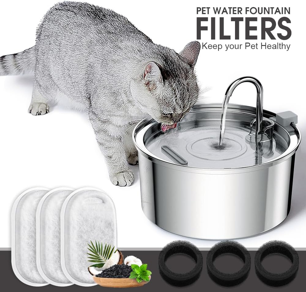 Sonicefit 40Pcs Cat Water Fountain Filters Replacement, Automatic Pet Water Dispenser Filter for Stainless Steel 108Oz/3.2L & 67Oz/2L Fountain, 9 Months Set Replacement Filters Pre-Filter Sponges
