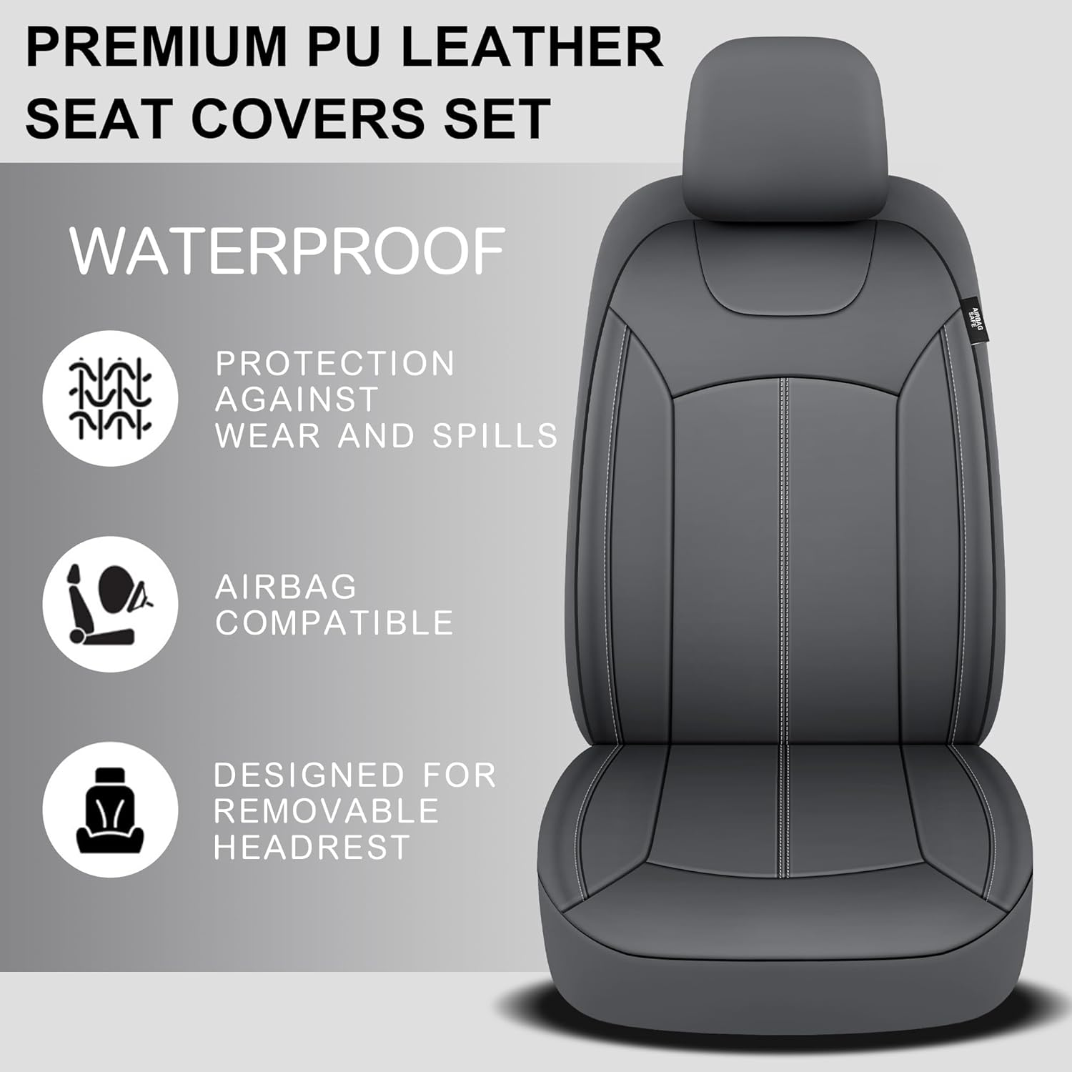 Pariiaotin Premium Leather Car Seat Covers Full Seats, Waterproof Front Seat Covers and Split Rear Bench Seat Covers for Cars,Universal Automotive Interior Covers for Sedan SUV Truck Van Pick-Up,Gray image number 6