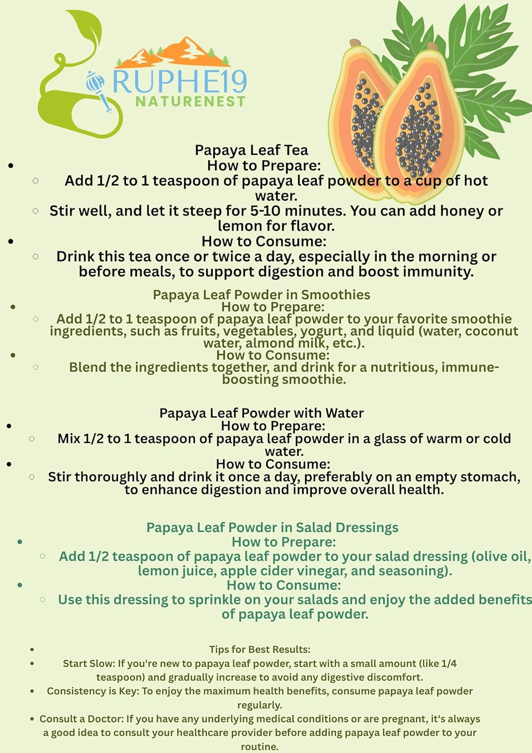 Organic Papaya Leaf Powder - 100G | 100% Pure, Non-Gmo, Gluten-Free, Rich in Antioxidants & Nutrients | Supports Digestion, Immune Health & Detoxification Brand: RUPHE19 NATURENEST Product Type: Organic Papaya Leaf Powder Quantity: 100G Packaging: Resealable Pouch Origin: INDIA Shelf Life: 24 Months from Date of Manufacturing image number 5