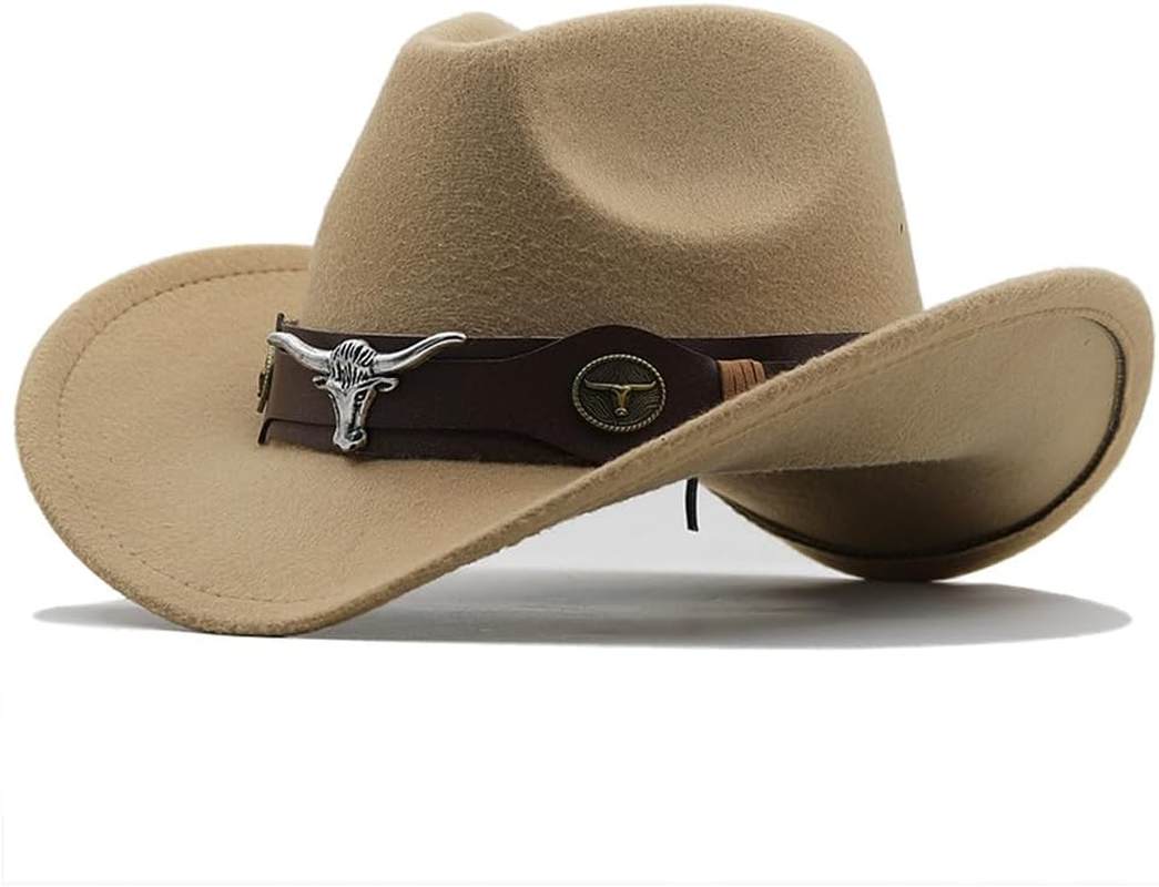 AIMALL Top Hat Ethnic Style Cow Label Western Denim Top Hat, 4.72-Inch Retro Woolen Felt Riding Hat with Adjustable Ribbon, Metal Stud Decor, Sweatband, Fits Head Circumference 22.02-22.81 Inches