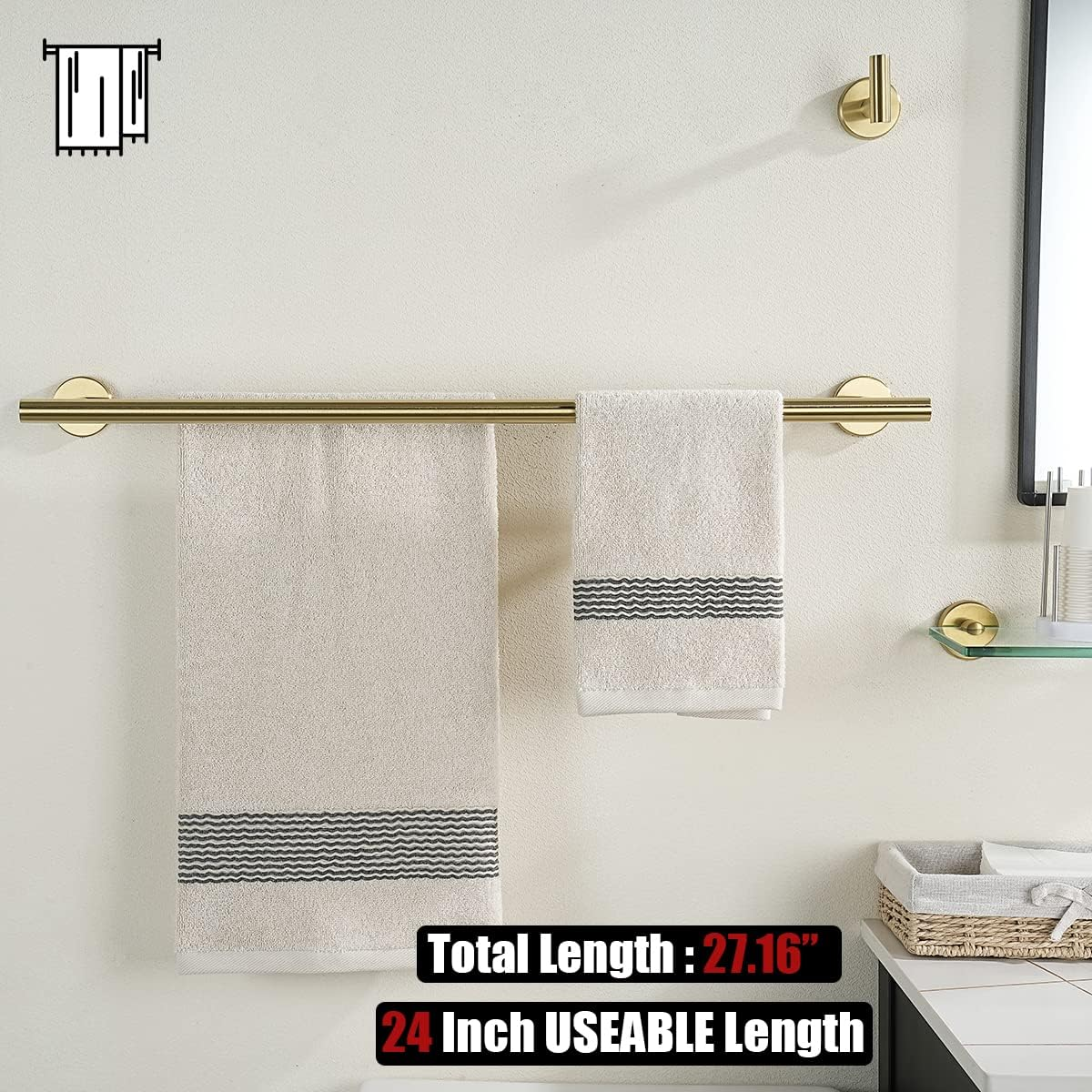 JQK Double Towel Bar, 24 Inch Brass Gold Bath Towel Rack for Bathroom, 304 Stainless Steel Thicken 0.8Mm Towel Holder Wall Mount Brushed Gold, Total Length 27.16 Inch, TB100L24-BG image number 3