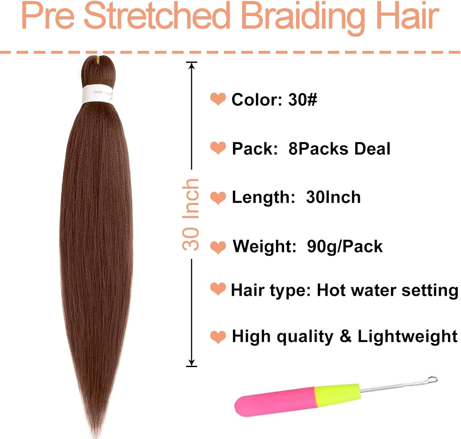 Mscat 30 Inch 8 Packs Pre Stretched Braiding Hair Brown Pre Stretched Braiding Professional Synthetic Prestretched Crochet Braids Hair Extension Hot Water Setting Yaki Texture (30#) image number 4