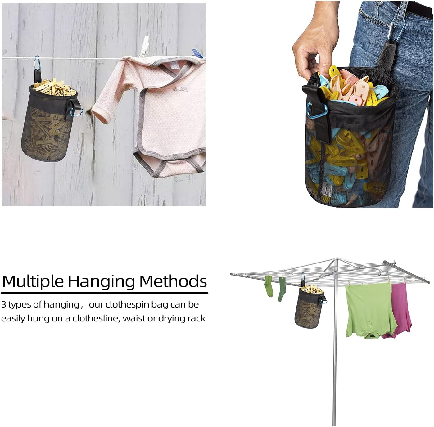 Mesh Clothespin Bag Holder Outside, Multiple Hanging Methods Clothes Pin Bag with Drawstring Closure, Ventilation and Moisture Resistance, Large-Capacity Clothespin Storage Organizer with Hooks image number 1