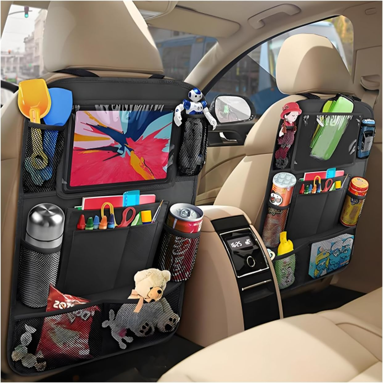 2 PCS Car Backseat Organizer, Heavy Duty Seat Back Storage Bag with Touch Screen Tablet Holder, Waterproof Kick Mats Back Seat Protector for Kids Toddlers, Car Accessories (Large Pocket)