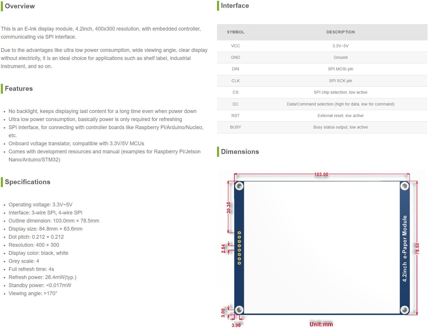 Waveshare 4.2Inch E-Ink Display Module Communicating via SPI Interface E-Paper with Embedded Controller for Raspberry Pi image number 4