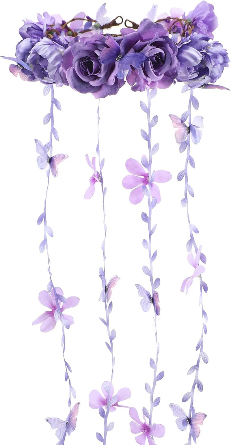 Partyforu Flower Headband for Women Purple Floral Headpiece with Butterfly Flower Crown Vine Fairy Crown for Wedding Party Bridal Shower Renaissance image number 2