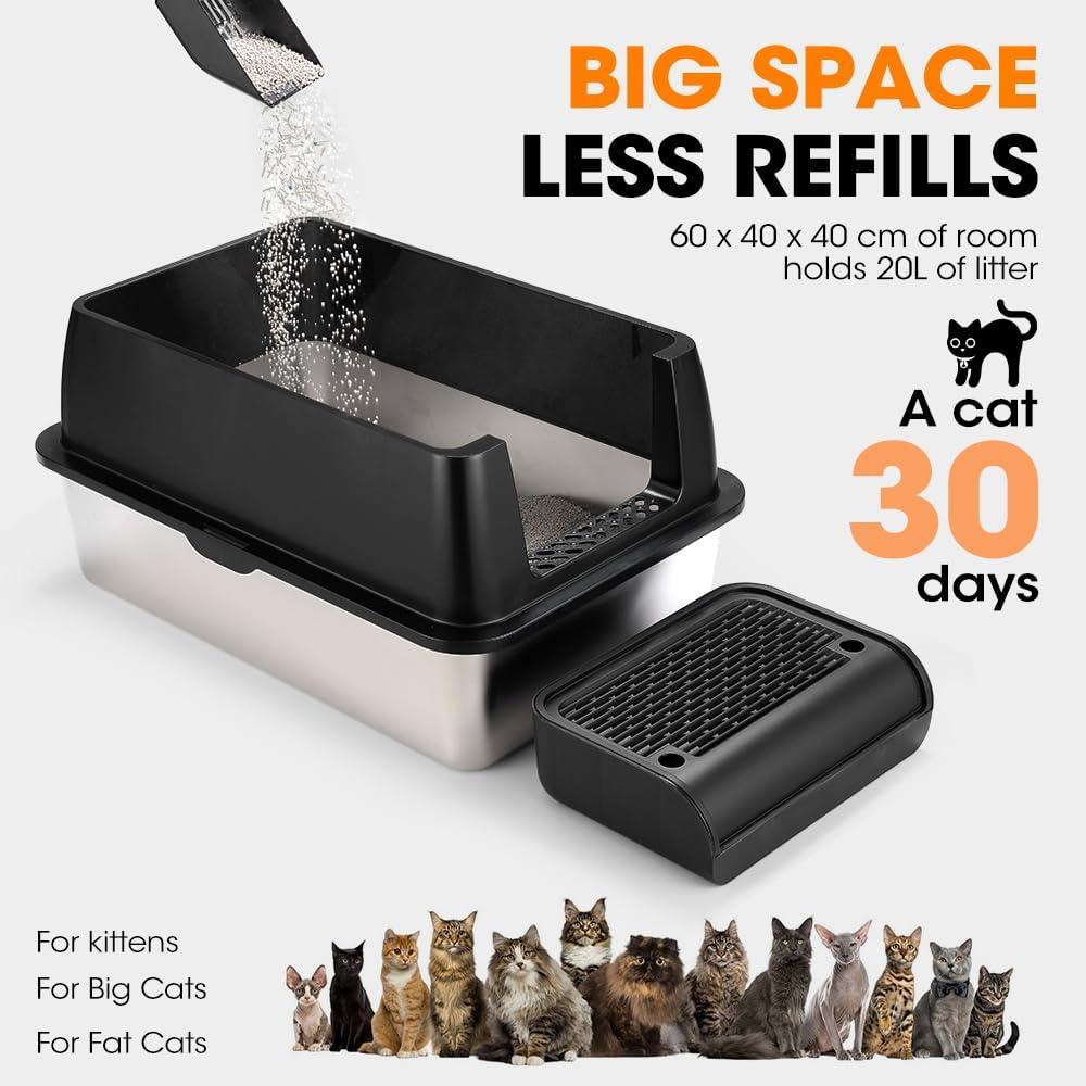Petzly Stainless Steel Litter Box with Lid, 60 L X 40W X 40H CM XXL Cat Litter Box, Front Entry Top Exit Kitty Litter Box, Extra Large Enclosed Metal Litter Box with Litter Scoop & Litter Mat image number 2