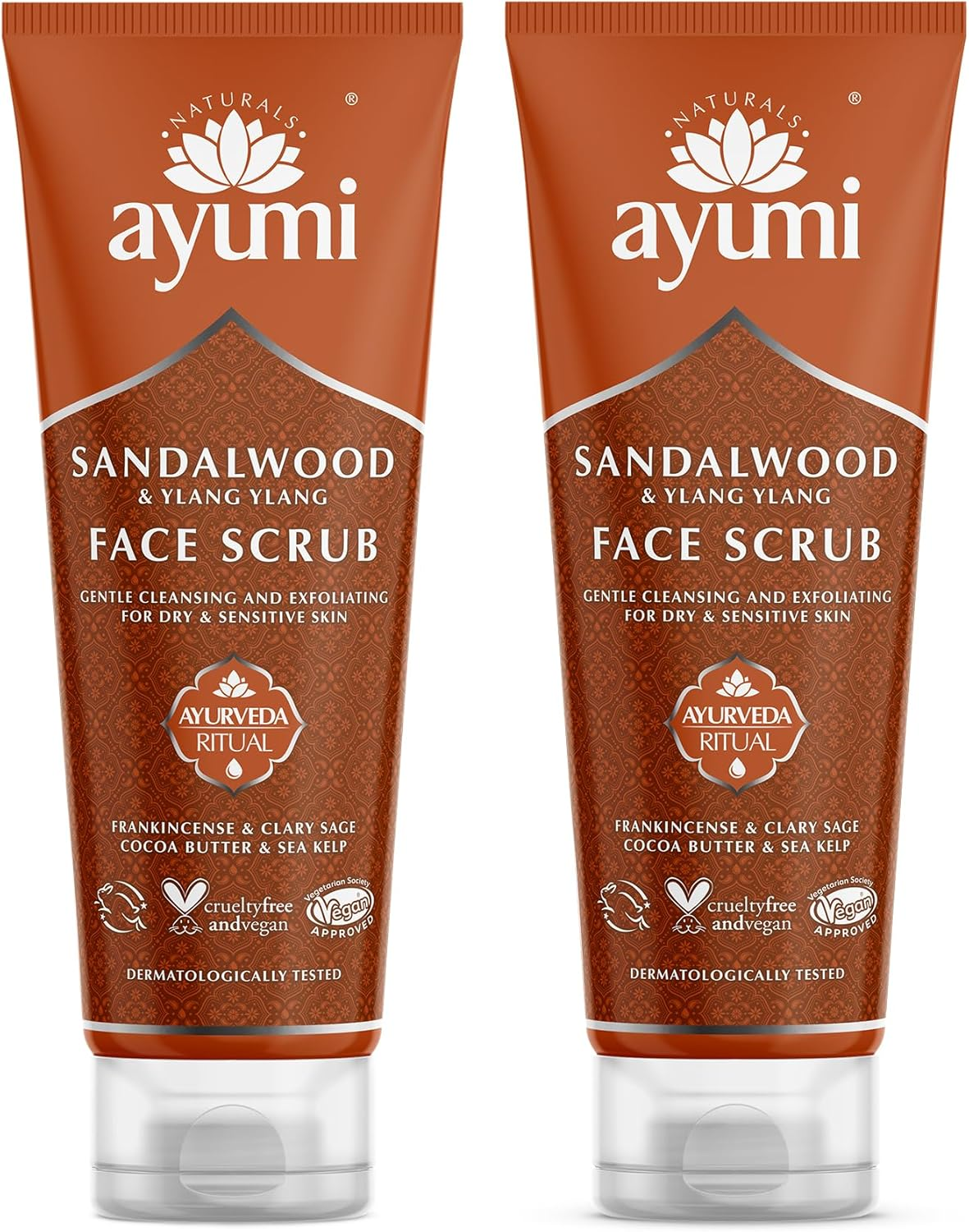 Ayumi Sandalwood & Ylang Ylang Face Scrub. Vegan, Cruelty-Free, Dermatologically-Tested, 3 X 125Ml