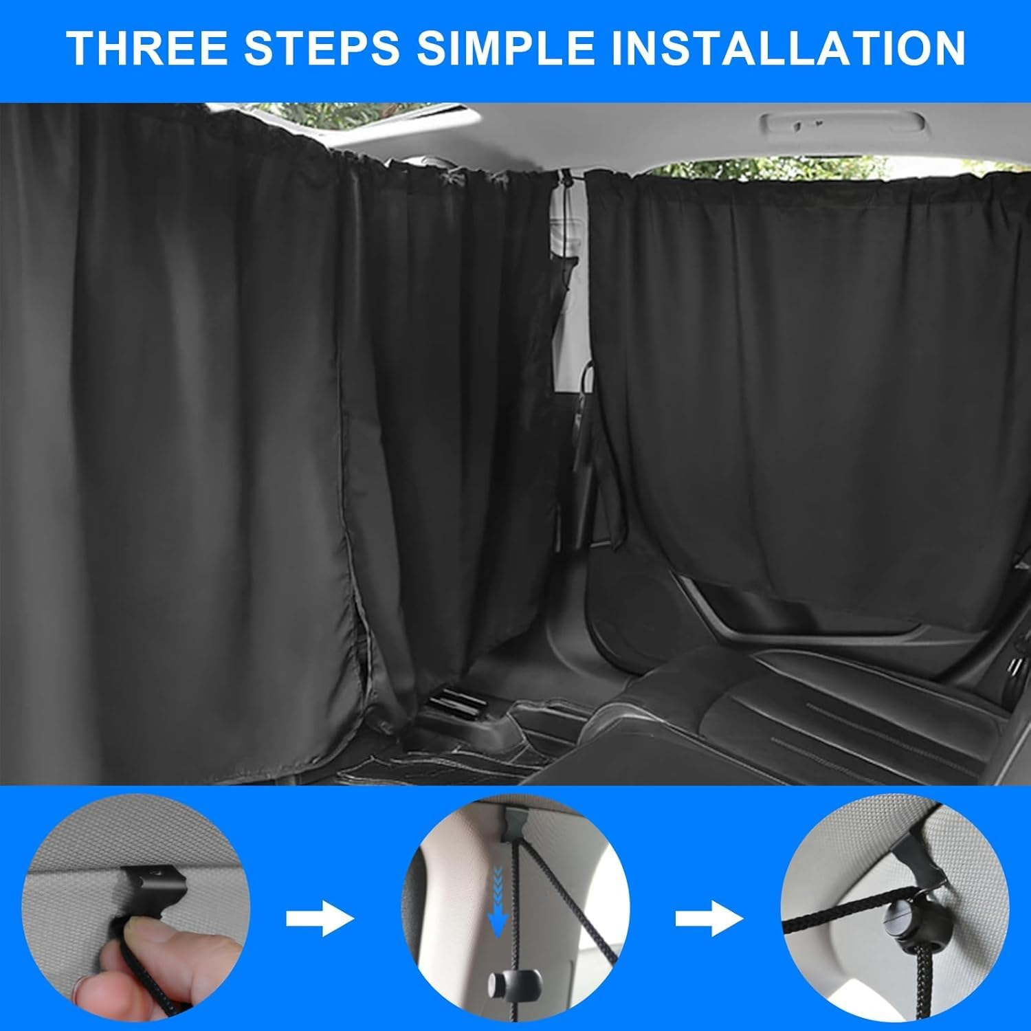 Limcryspp a Set of Car Curtains, 1 Rear Seat Partition Curtain and 2 Rear Side Curtains, Detachable, Travel Camping Nap Sleeping Accessories image number 3