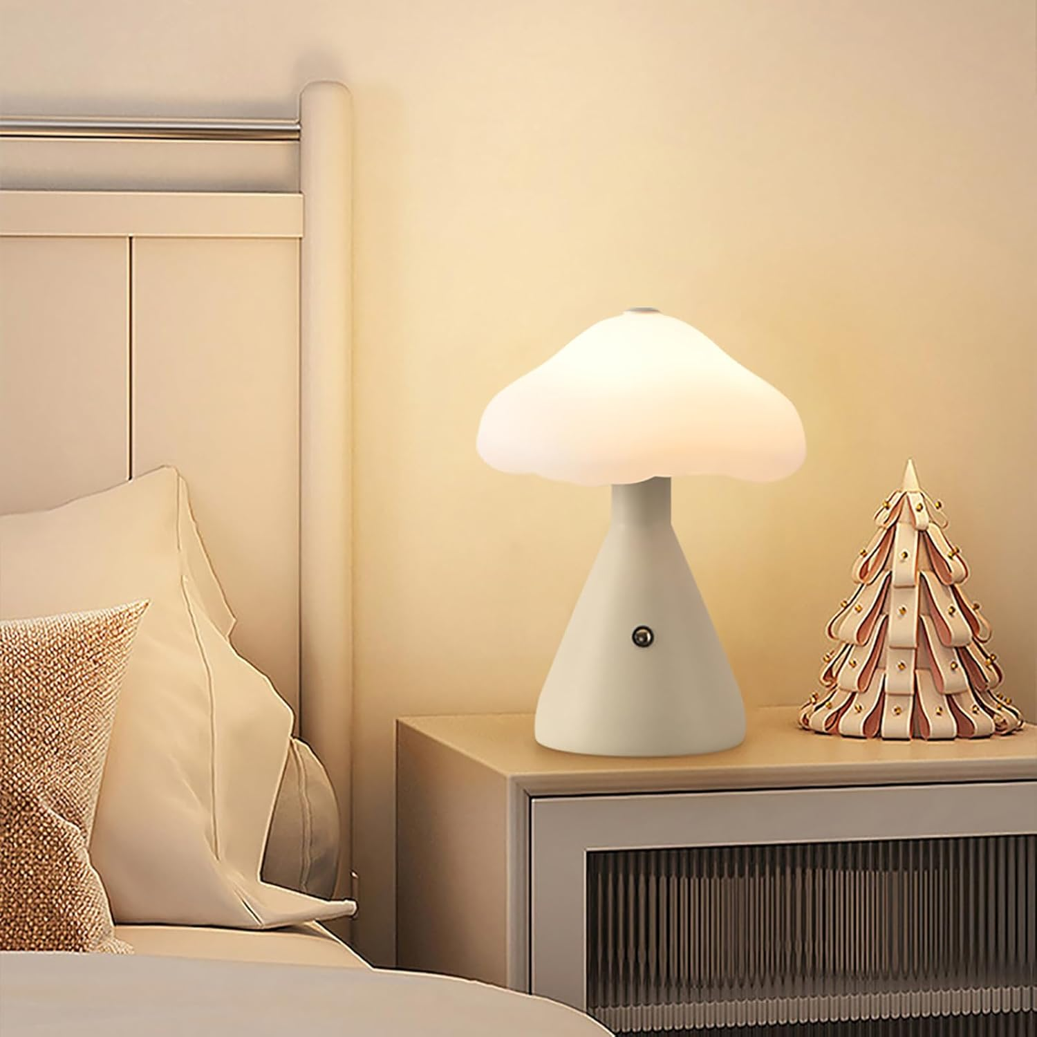 Shenzhi Tech LED Mushroom Table Lamp, USB Rechargeable Desk Lamp, Touch Controlled Dimmable Indoor Night Light for Home Decor Bedside Room (Wood Color)