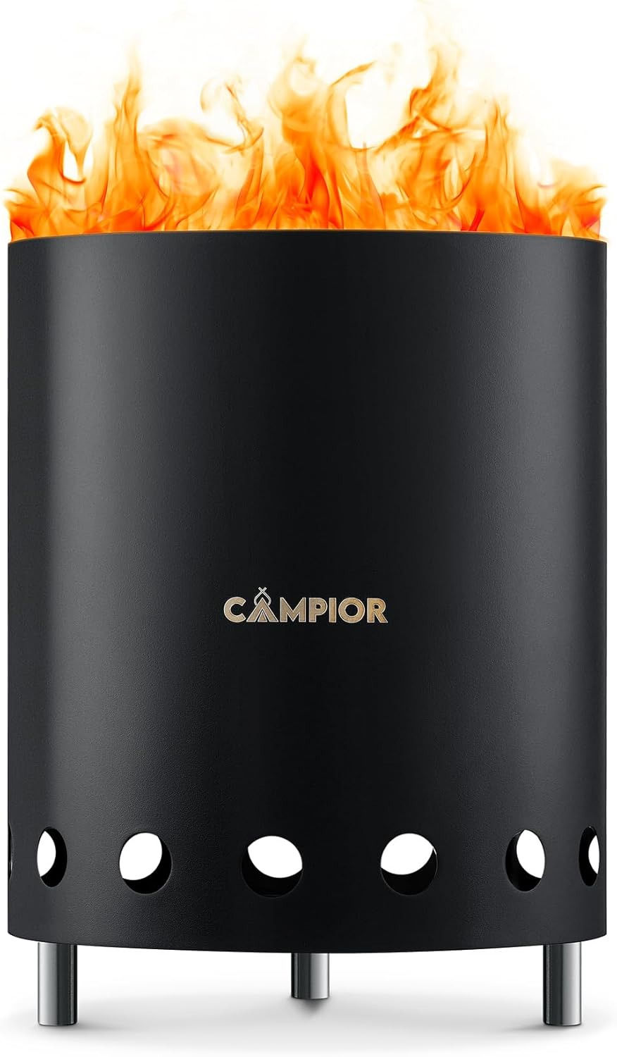 CAMPIOR Wood Burning Fire Pit Stove with Black Exterior - Smokeless Outdoor Stove for Efficient Wood Fires, Camping, and Gatherings, Stainless Steel with Removable Ash Pan, Stand and Carry Bag