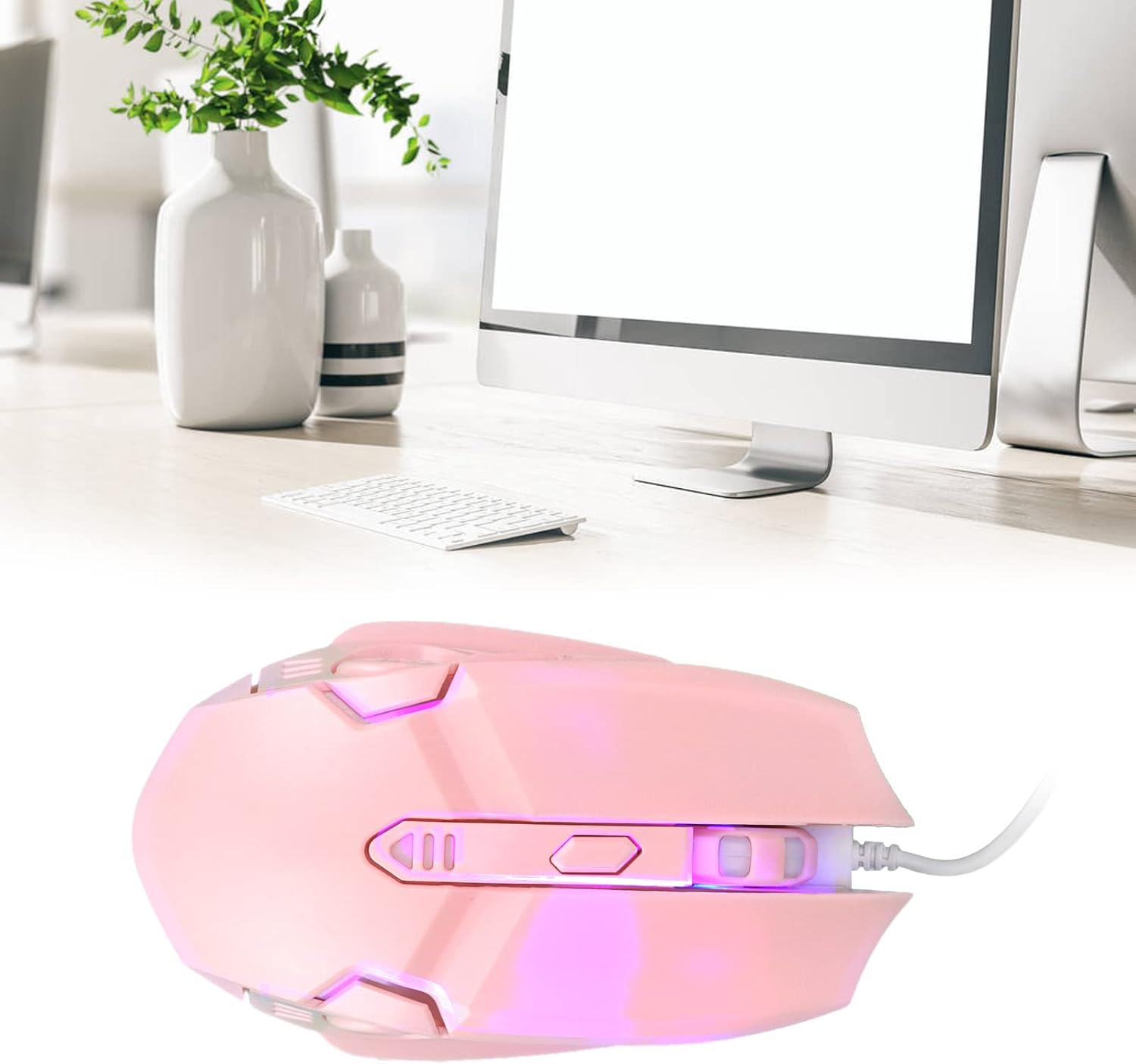 Gaming Mice Wired Office Mouse Cute Pink, Programmable 7 Buttons DPI Adjustable Ergonomic Silent Mouse 4 Cool LED Effects, for Notebook, PC, Laptop, Computer (6D Pink) image number 1