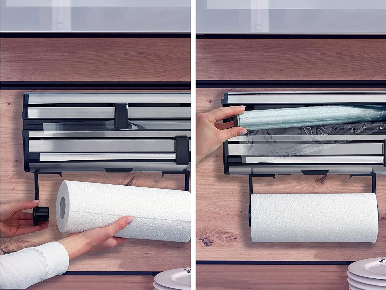 Leifheit Parat Royal 2.0 Wall Holder for 3 Rolls, Kitchen Roll Holder for Smooth Cut Edges, Paper Roll Holder for Handy Films, Foil Cutter with Razor-Sharp Blades Silver 38.5 X 16.2 X 8.5 Cm 25793 image number 6