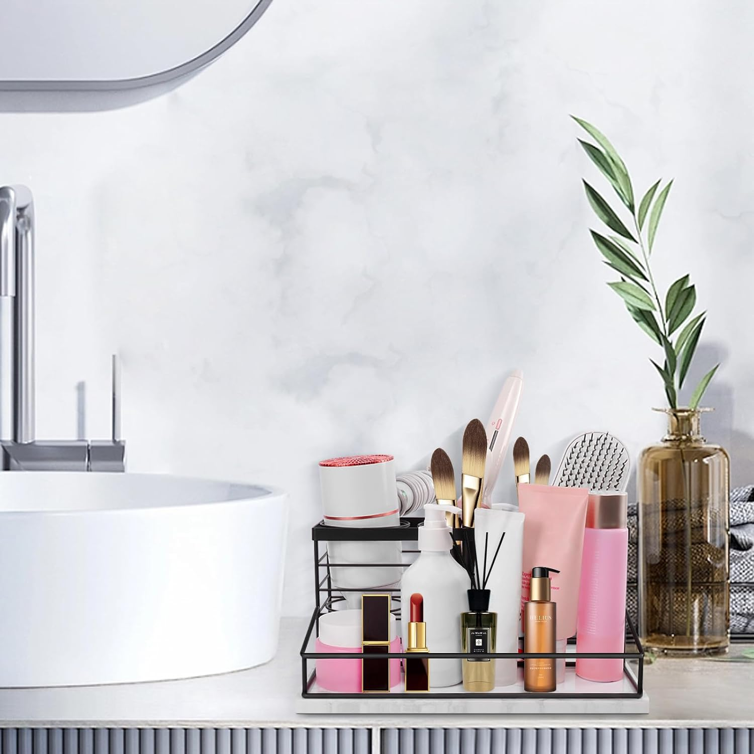 Siyzda Hair Tool Organizer, Movable Hair Dryer Holder, Hair Styling Tools Storage for Vanity, Bath Counter Organizer, Bathroom Trays for Hair Toiletry, Makeup (12" L&times;7.7" W, Marble-Black) image number 1