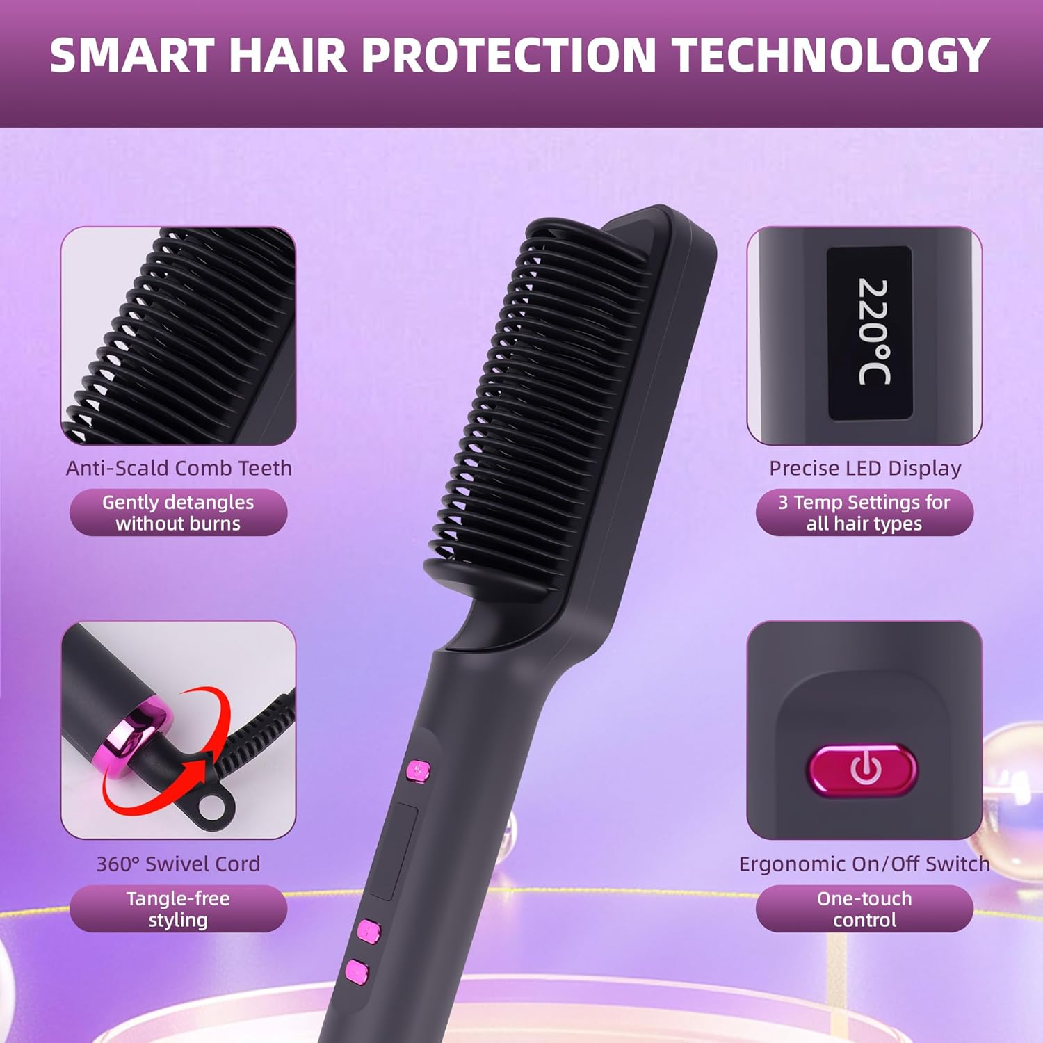 AU Plug Hair Straightener Brush 2-In-1 Straightener & Curler, 80-230&deg;C Adjustable Temp, Fast Heat up in 10S, Anti-Scald Auto Shut-Off, Dry & Wet Use, Lightweight & Portable Styling Tool