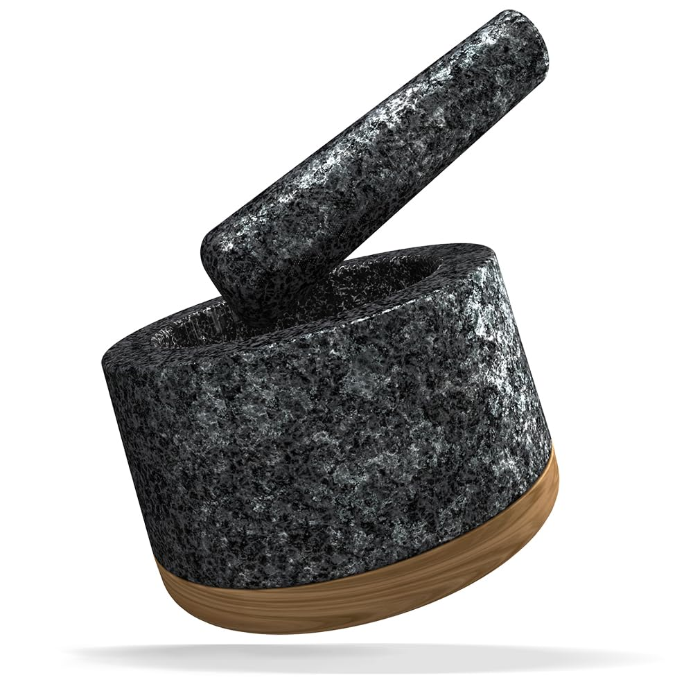 KYONANO Mortar and Pestle Set with Acacia Wood Base, 5.5-Inch Guacamole Bowl, 100% Natural Granite, Stone Grinder for Spices, Extra Large Pestle Heavy & Durable, Molcajete Bowl, 2 Cup Capacity