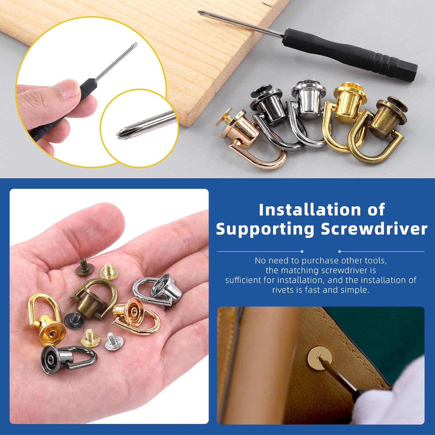 Glarks 41Pcs D Ring Rivets Kit Light Gold Ball Post Head Buttons Metal D Ring Stud Rivets Rotatable round Rivets with Screwdriver for Bags, Belts, DIY Leather Crafts - Black image number 2