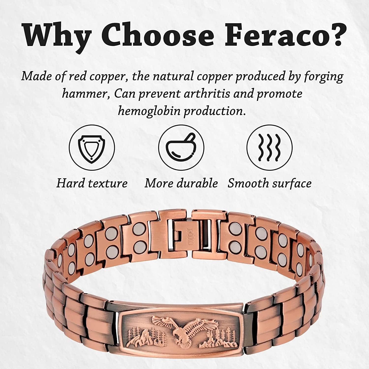 Feraco Lymph Detox Magnetic Bracelet Lymph Drainage Pure Copper Bracelet for Men with Ultra Strength Therapy Magnets for Arthritis Pain & Carpal Tunnel Healing Eagle Pattern Adjustable image number 4