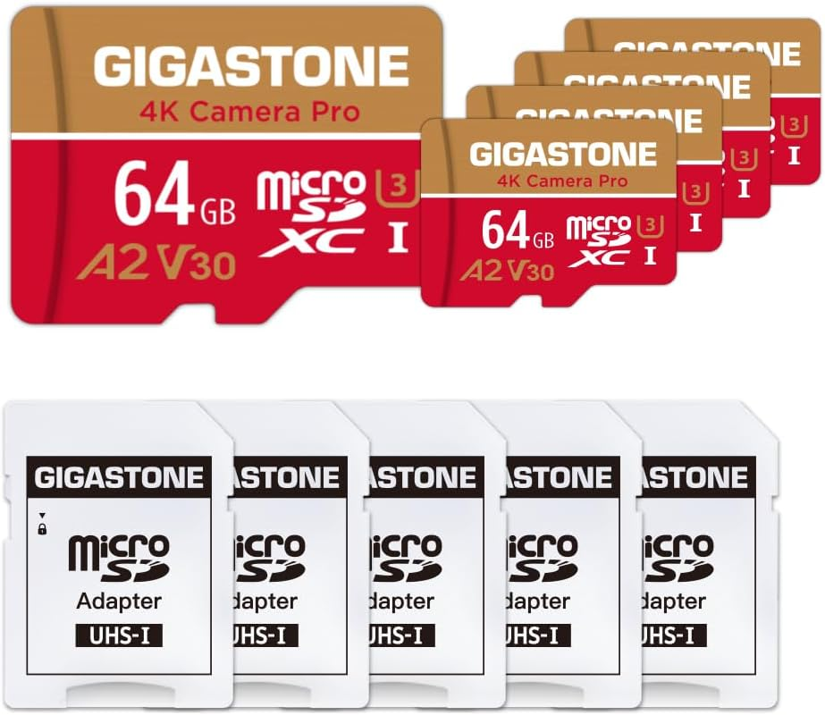 [5-Yrs Free Data Recovery] Gigastone 128GB 5-Pack Micro SD Card, 4K Video Recording for Gopro, Action Camera, DJI, Drone, R/W up to 100/50 Mb/S Microsdxc Memory Card UHS-I U3 A2 V30, with Adapter