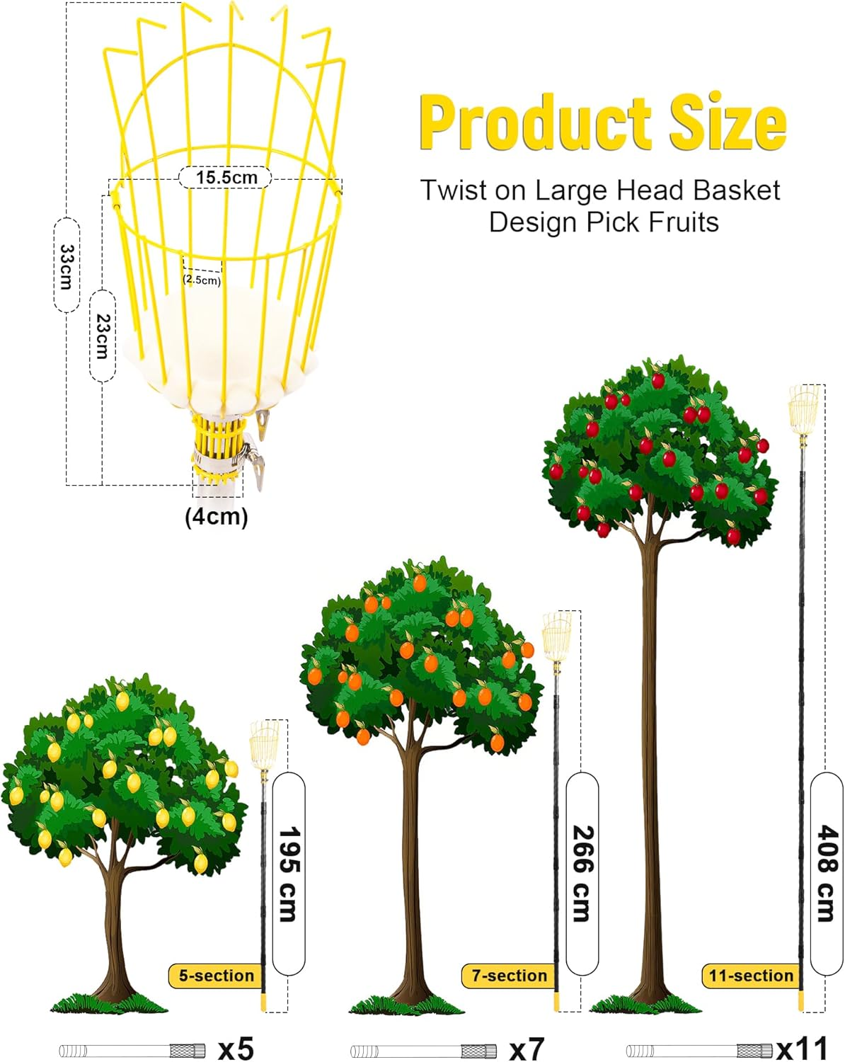 Blumetrec 408Cm Fruit Picker, Apple Picker Tool with Adjustable Pole and Basket, Long Reach Mango Grabber Tool, Tree Fruit Catcher for Picking Lemon Pear Orange Avocado Peach Citrus image number 4