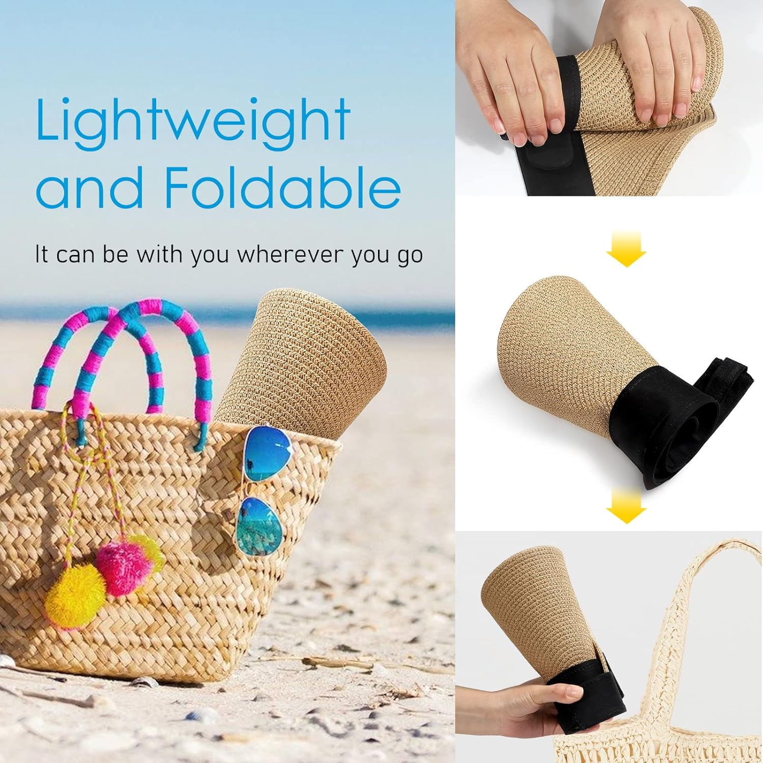 Straw Sun Visor Hats for Women Wide Brim Roll-Up Foldable Beach Visors Cap Summer UV Protection, Khaki, One Size image number 1