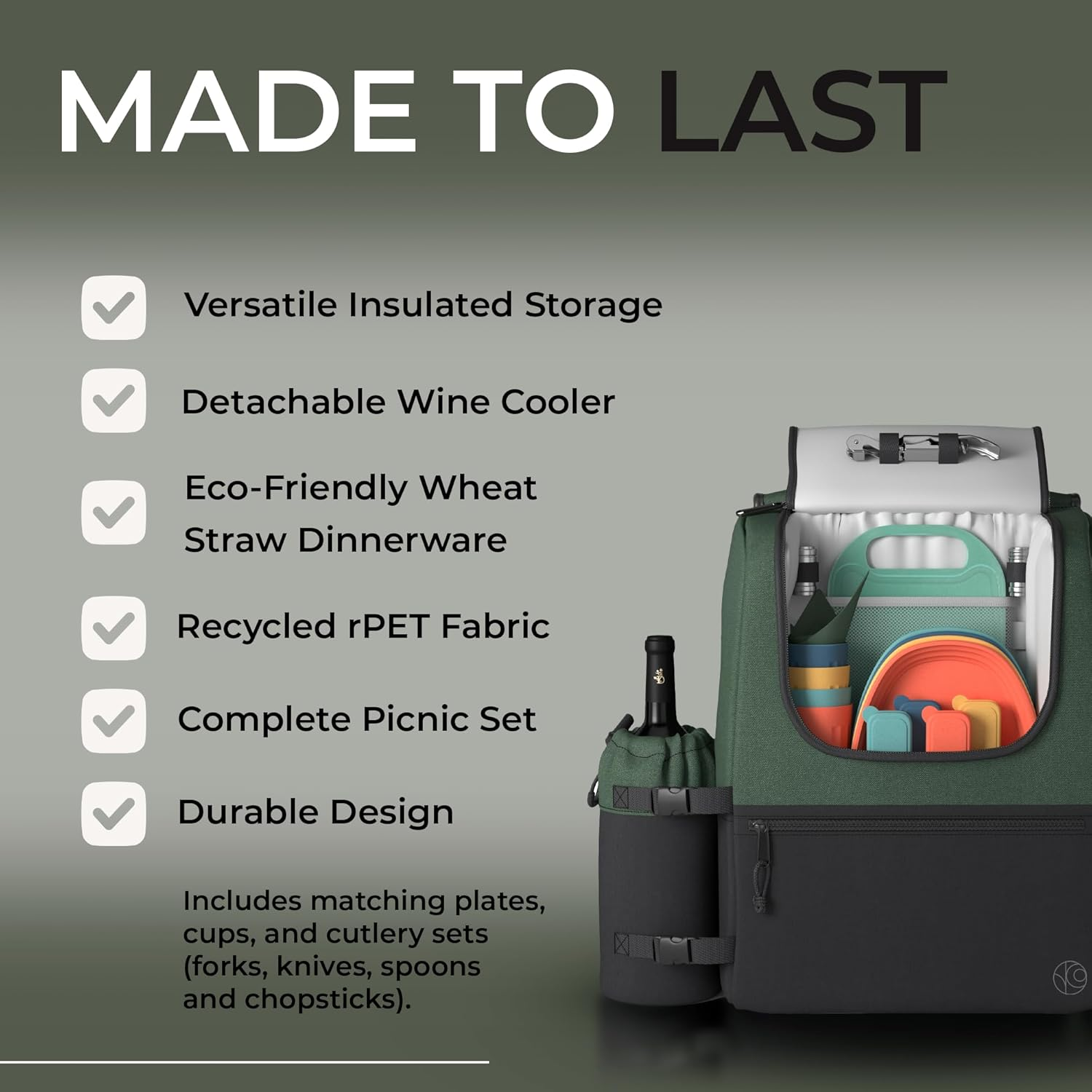 Fern & Soul Picnic Backpack for 4. Stylish Insulated Picnic Set with Blanket, Wine Cooler, a Modern Picnic Bag Made to Last, Ideal for Couples Gifts, Family, Wine Picnic Basket for 2-4 - Fern And Moss image number 7