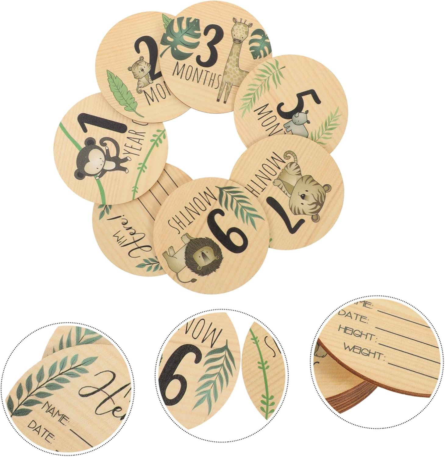 INOOMP 7Pcs Baby Milestone Cards Wooden Monthly Signs Cartoon Animals for Newborn Birth Announcement and Nursery Decor Photo Props image number 5