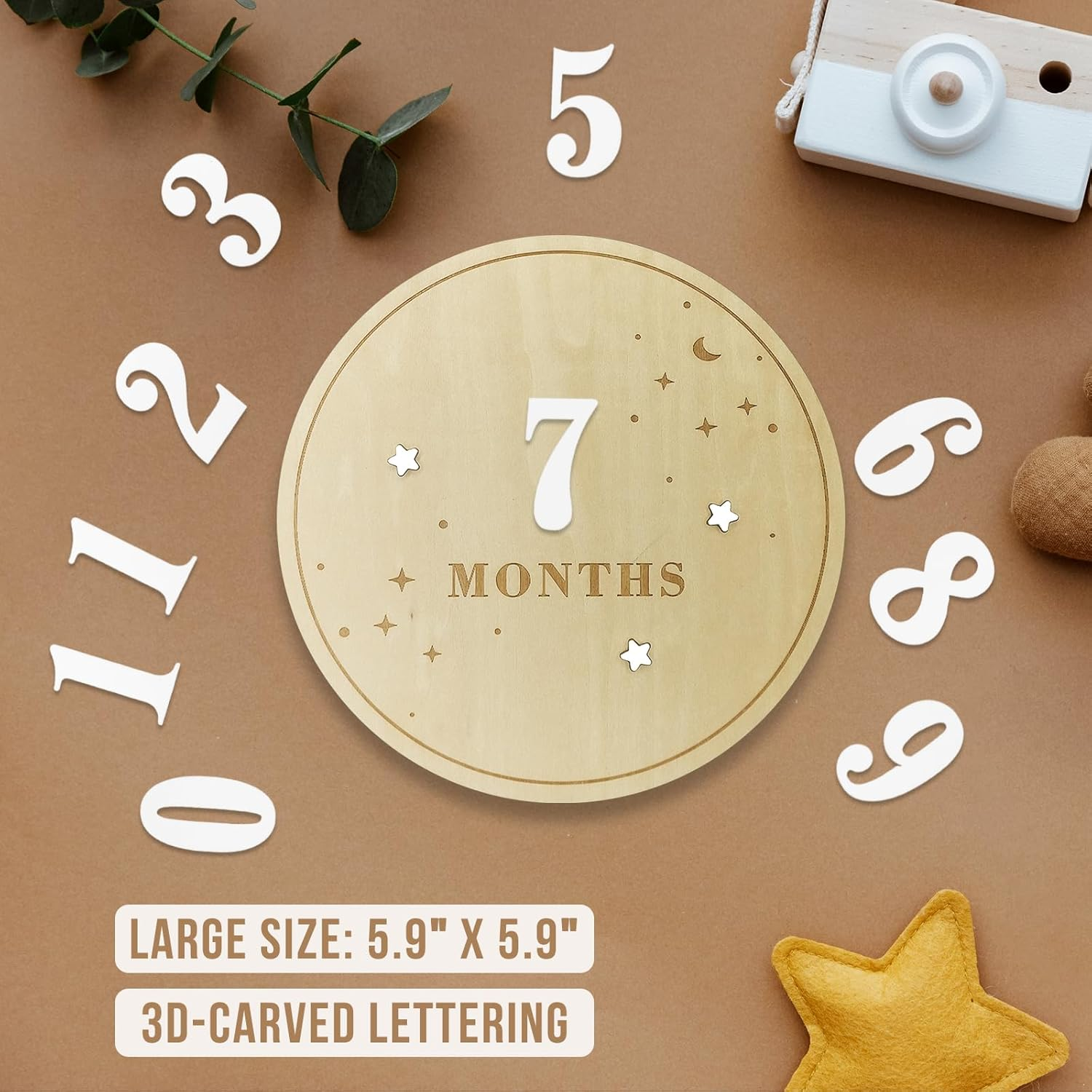 Baby Monthly Milestone Disc - Double-Sided 3D Birth Announcement Sign, 5.9" Wooden Disc with Numbers 1-12 for Monthly Milestones, Newborn Photo Props & Baby Shower Keepsake Gift (White) image number 1