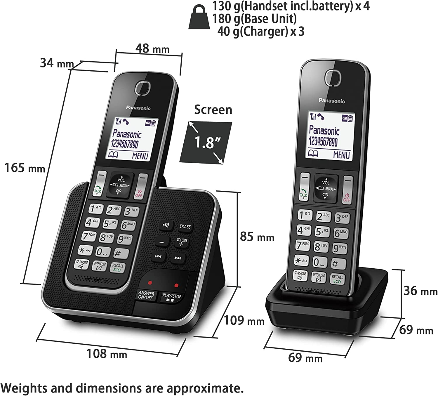 Panasonic DECT Digital Cordless Phone with Answering Machine and 4 Handset (KX-TGD324ALB), Black image number 6
