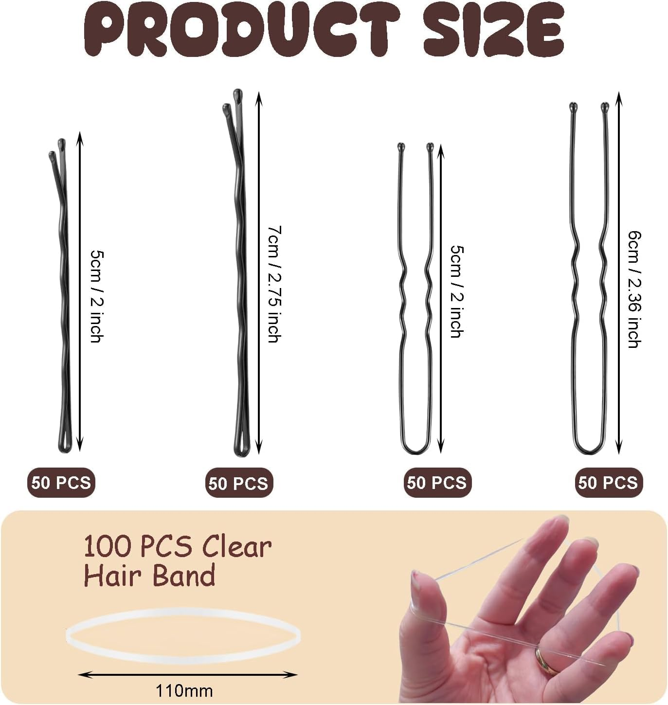 300Pcs Bobby Pins Set, 100 Hair Grips 100 U Shaped Pins 100 Hairbands for Women, Hairpins for Buns, Black Hair Styling Accessories with Storage Box image number 5