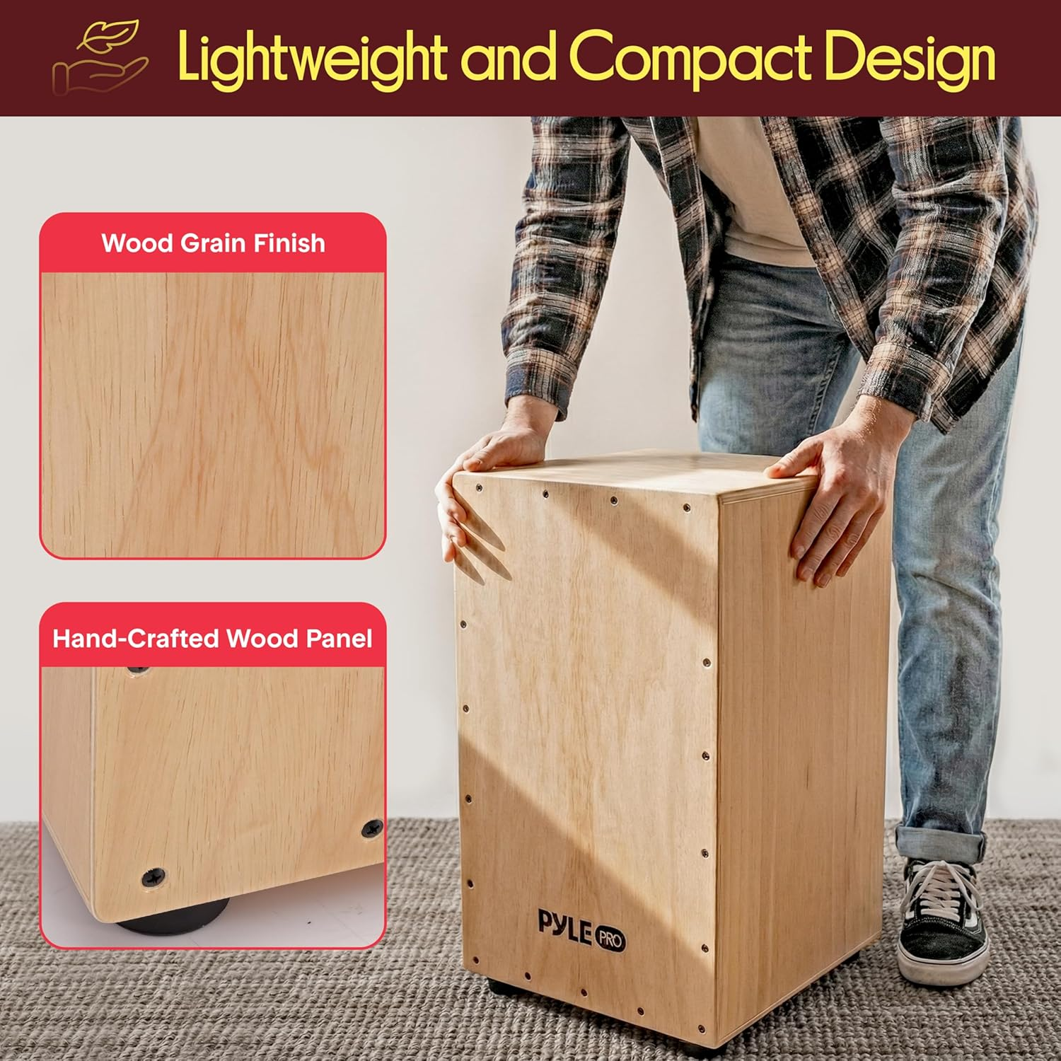 Pyle String Cajon - Wooden Percussion Box, with Internal Guitar Strings, Medium Size (PCJD18)