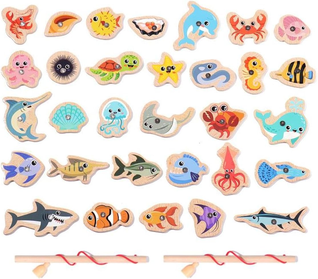 Magnetic Fishing Game Toddler, Wooden Magnetic Fishing Toys, Easy Play Wooden Fishing Toy for Toddlers & Kids, Homeschool Sight Word Educational Toy for Age of 3,4,5,6 Year Old Kids, Boys & Girls (A)