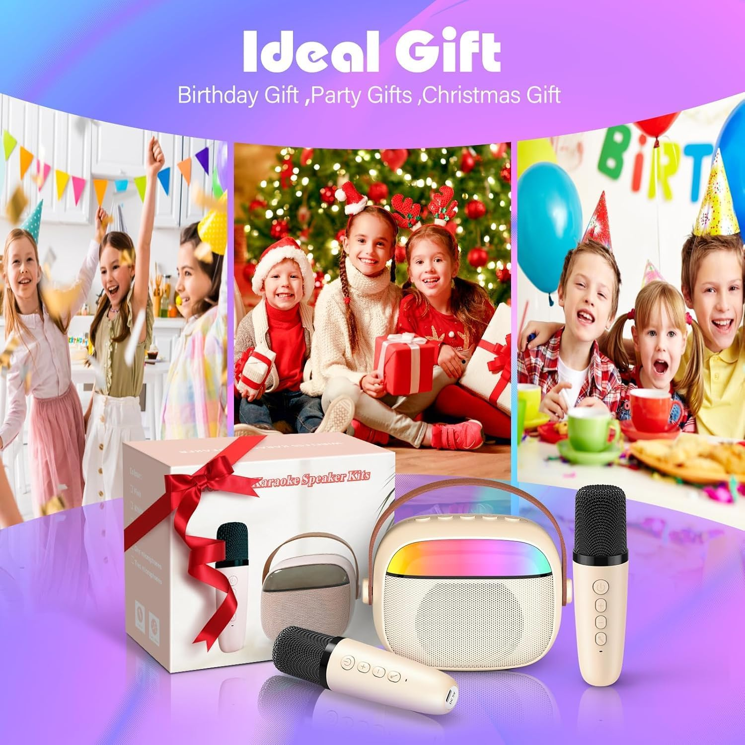 Karaoke Machine for Kids Adults, Mini Portable Bluetooth Speaker with 2 Wireless Microphone, Kids Toys Birthday Gifts for Girls Ages 4-12 +Year Old Family Home Party (Off White) image number 6