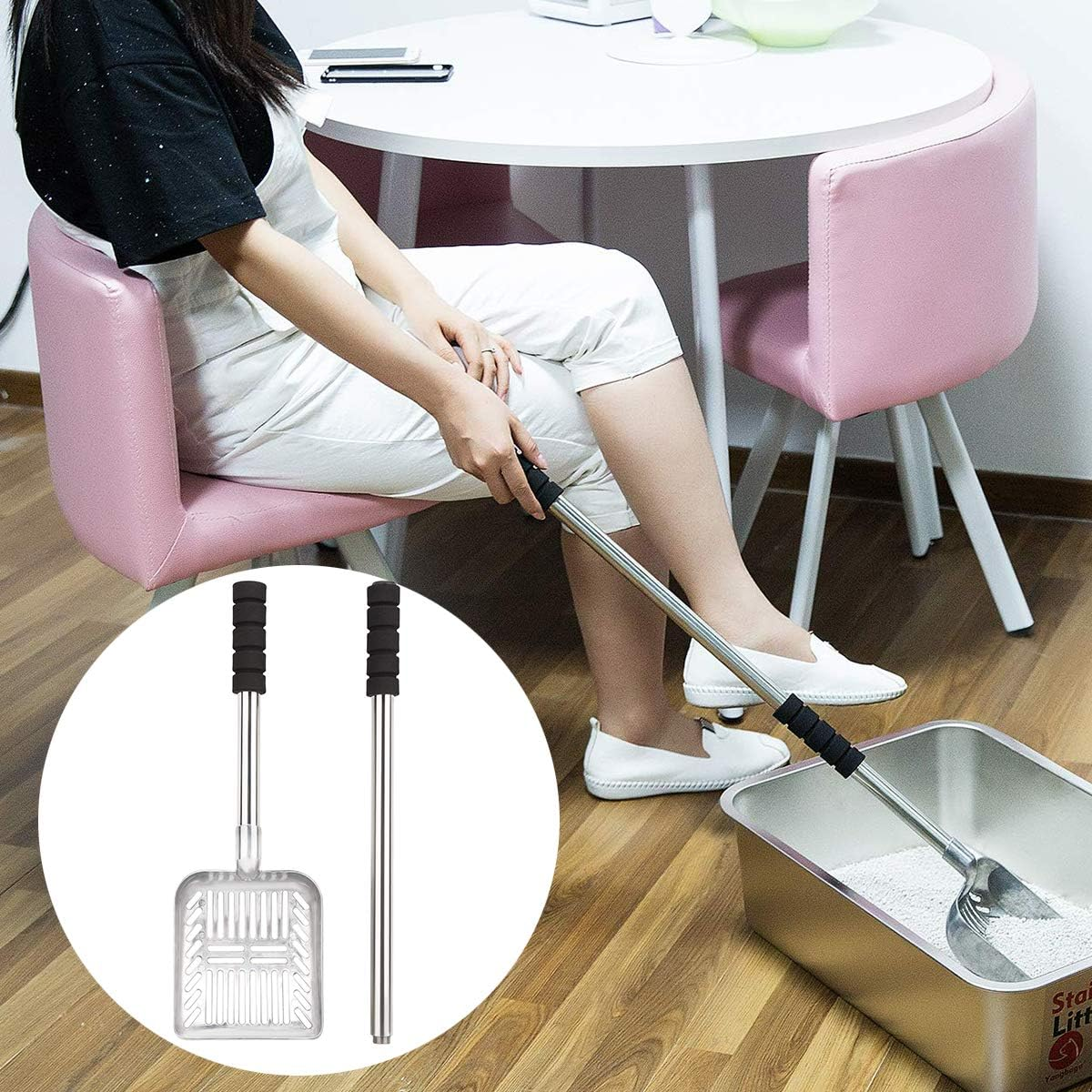 LASIEYO Metal Cat Litter Scoop Removable Non Stick Foam Padded Long Handle image number 1