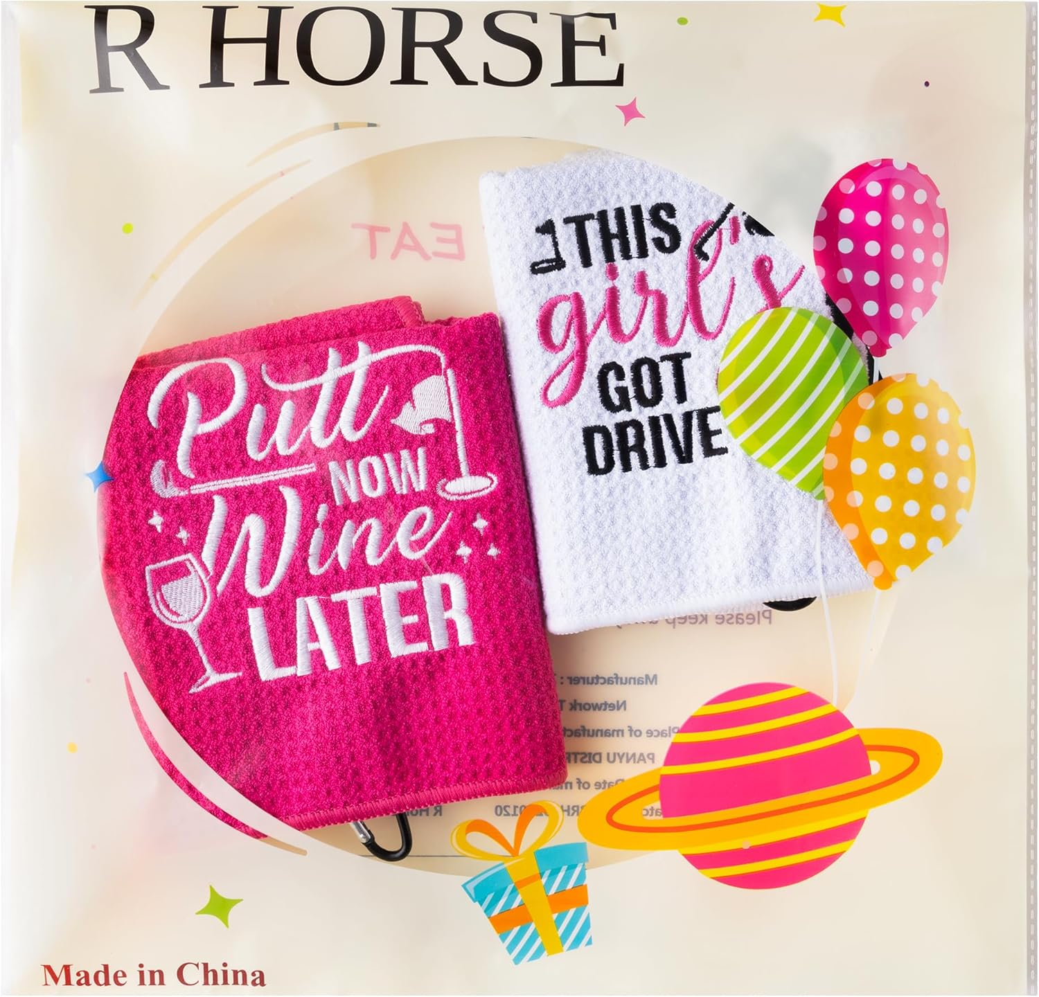 R HORSE 2Pcs Funny Golf Towel Gifts for Women, Embroidered Pink White Golf Towel for Golf Bags with Clip, Women Golf Accessories Christmas Birthday Gift for Mother Girlfriend Women Golf Fan Golfer image number 2