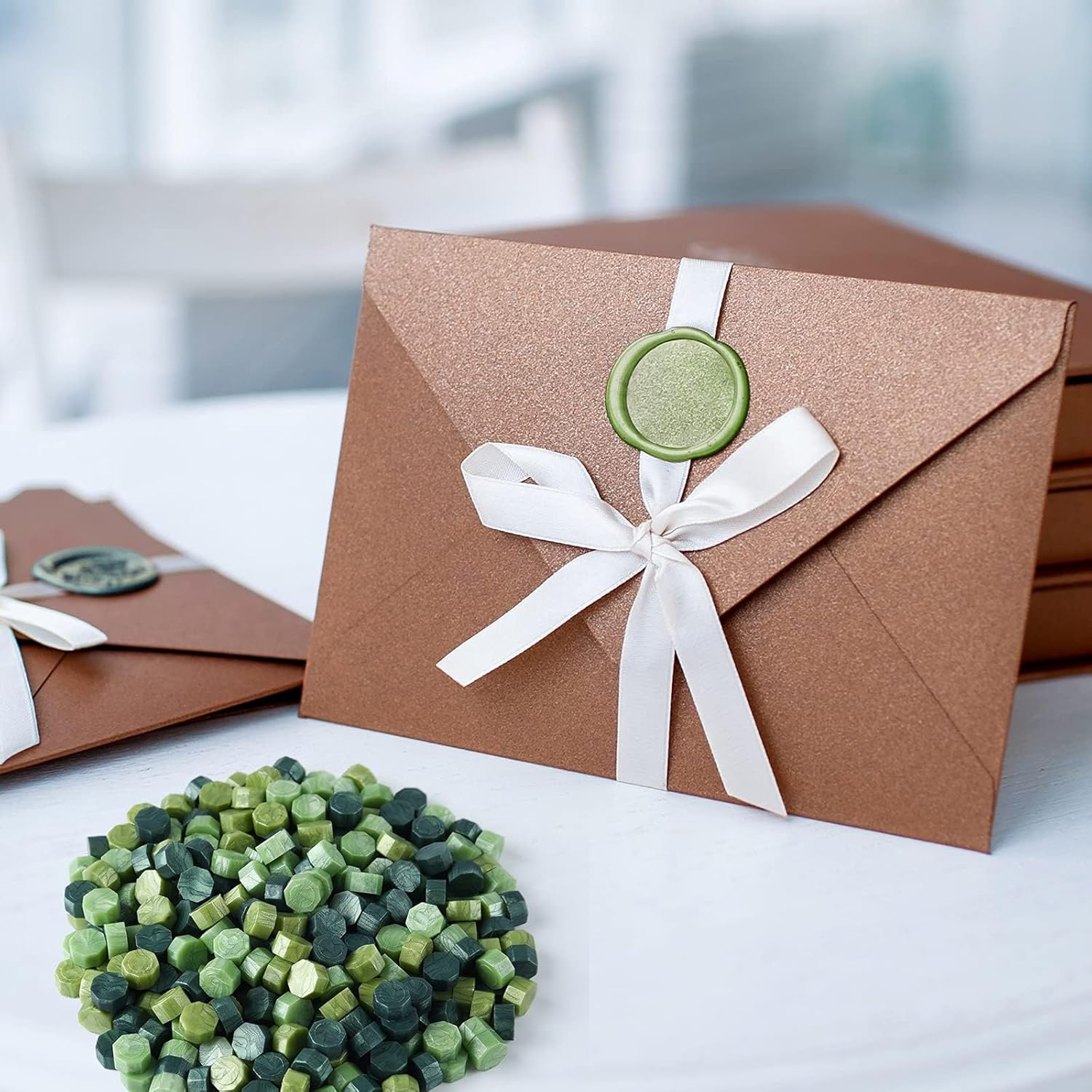 300 Pcs Octagon Sealing Wax Beads with 3 Pcs Tea Candles and 1 Pcs Wax Melting Spoon for Wax Stamp Sealing (Green Mix)