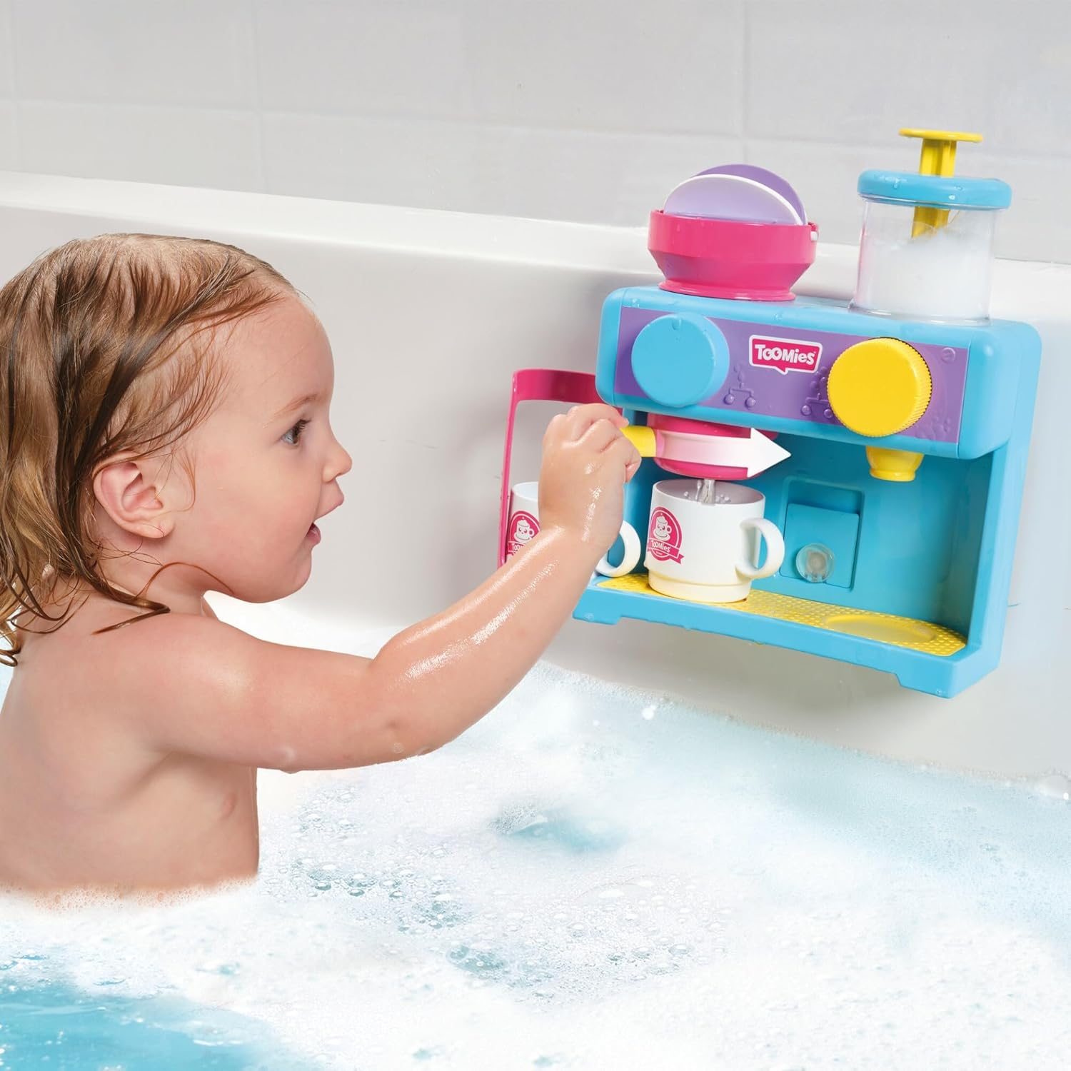 Toomies Bath Barista - Pretend Cafe Baby Bath Toys - Wall Mounted Bubble Bath Play Kitchen Toddler Toys - Kids Kitchen Set Includes 3 Cups, 1 Jug, 1 Shaker - +18 Months Boys Toys & Girls Toys image number 1