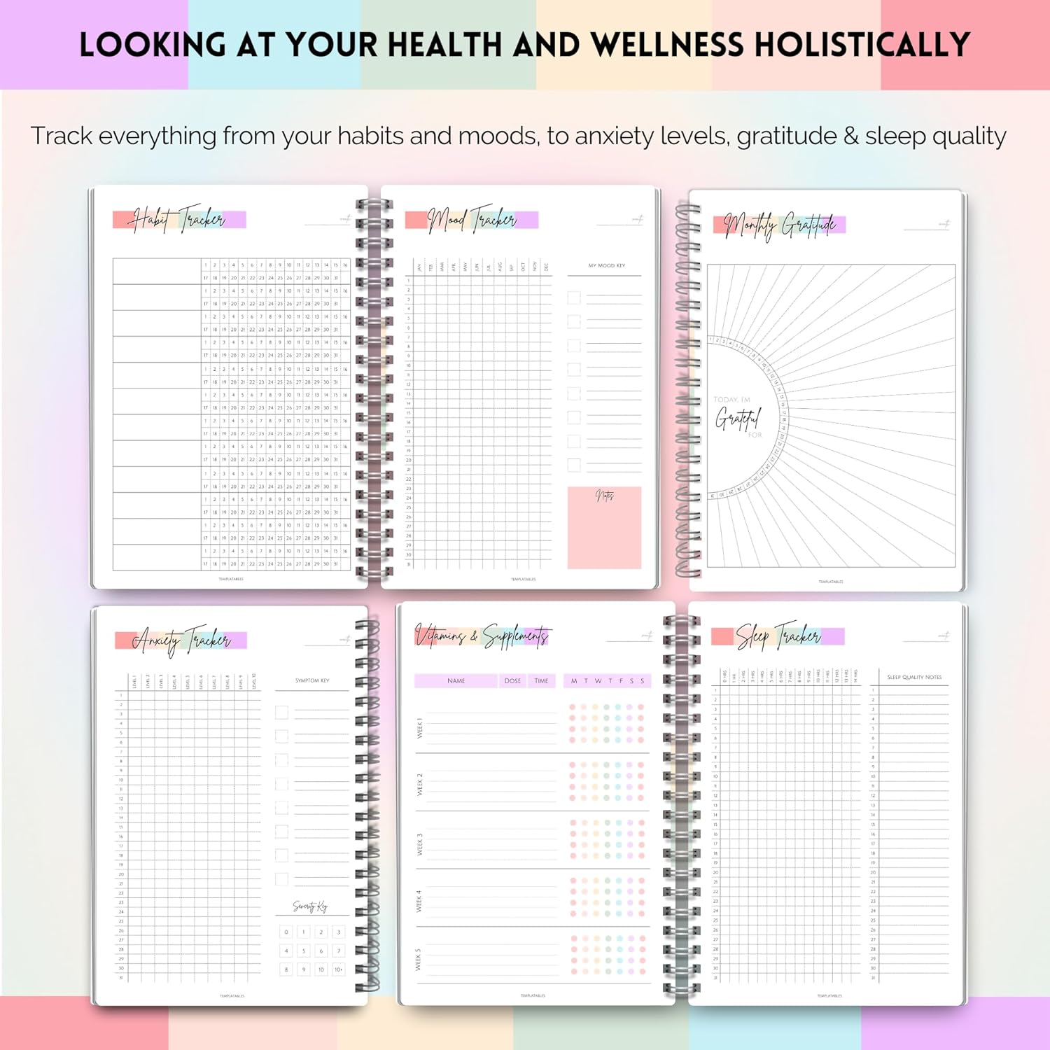 Templatables Wellness Journal - 90 Day Health, Fitness, Gratitude, Mindfullness, Wellbeing, Habit, Goals, Diet & Food Tracker - A5 Pastel Rainbow, (TPWPPR) image number 3