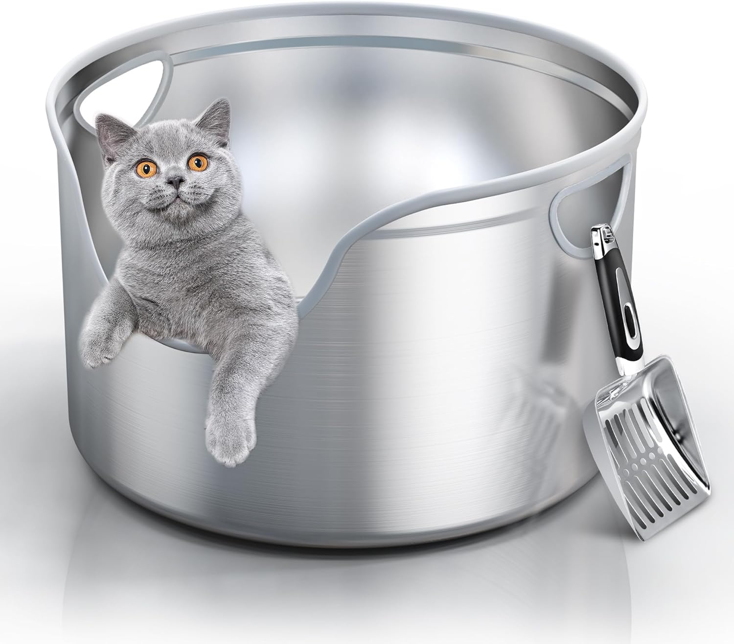 Stainless Steel Litter Box Metal with Integrated round for XL/XXL Big and Multi Cats, 31 Cm High Wall High Side, Odor Control, Easy to Clean, Durable, Includes Stainless Steel Scoop image number 2