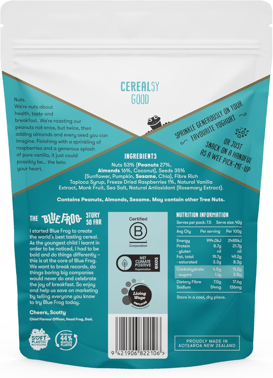 Blue Frog Almond, Peanut and Raspberry Keto Cereal 300 G