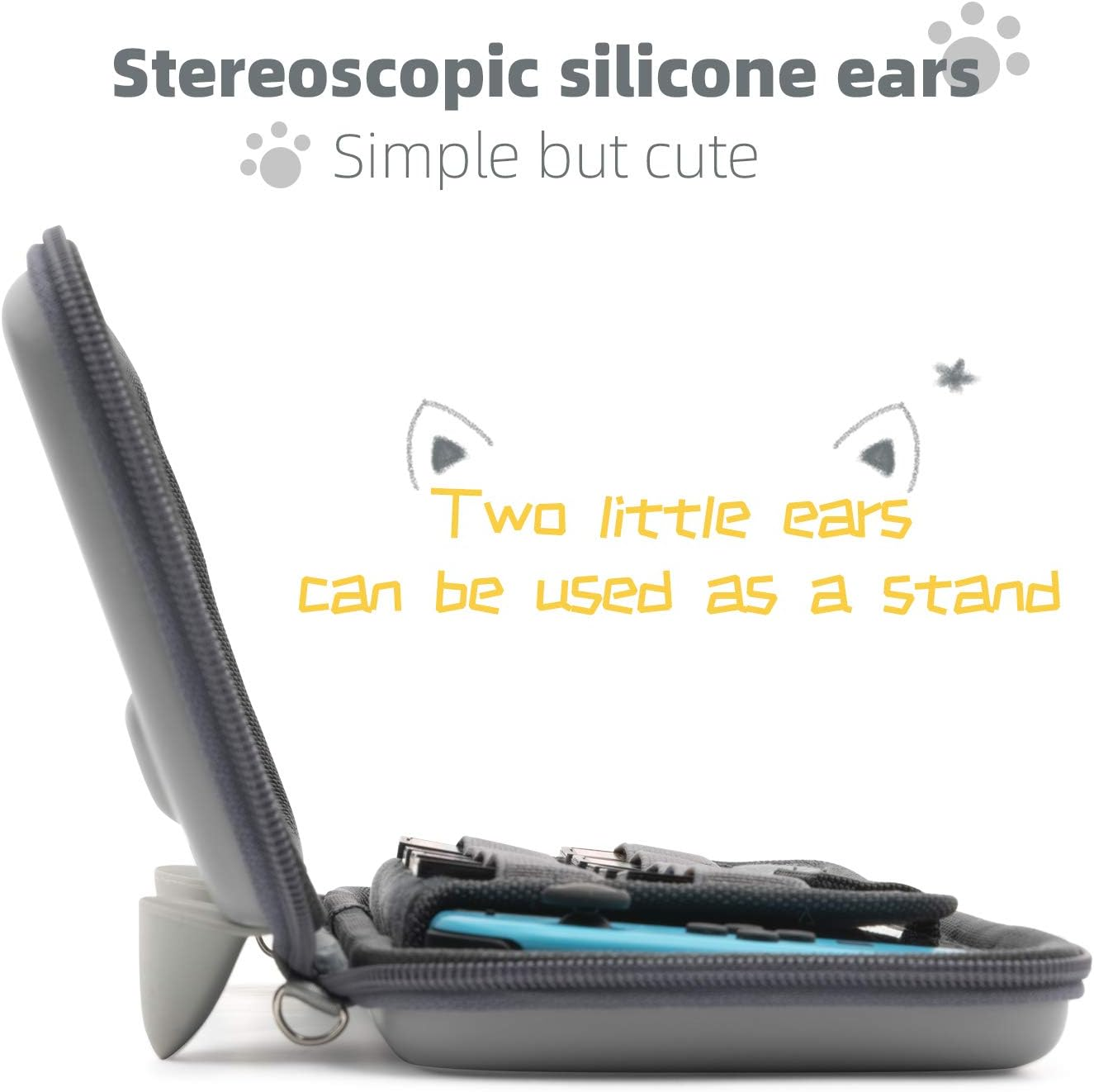 Geekshare Cat Ears Carry Case Compatible with Switch - Portable Hardshell Slim Travel Carrying Case Fit Switch Console & Game Accessories (Grey) image number 1