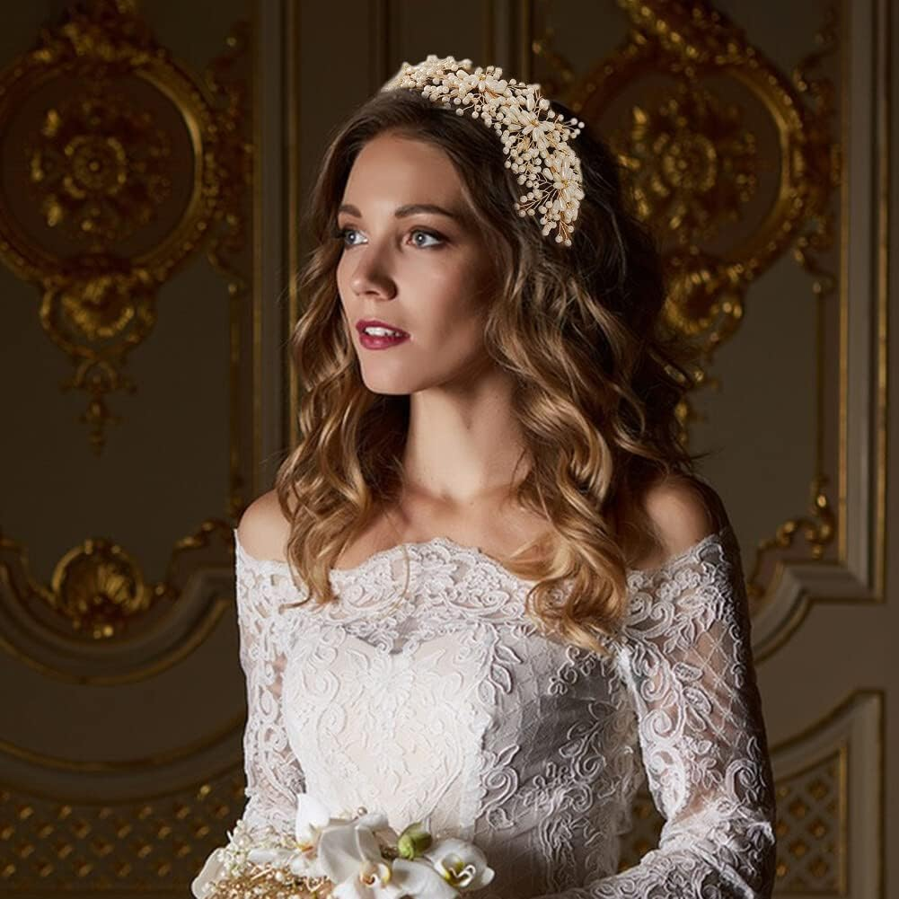 Bridal Headpiecees for Wedding Pearl Wedding Headband Rhinestone Hair Accessories for Brides Crown for Women Girls image number 2