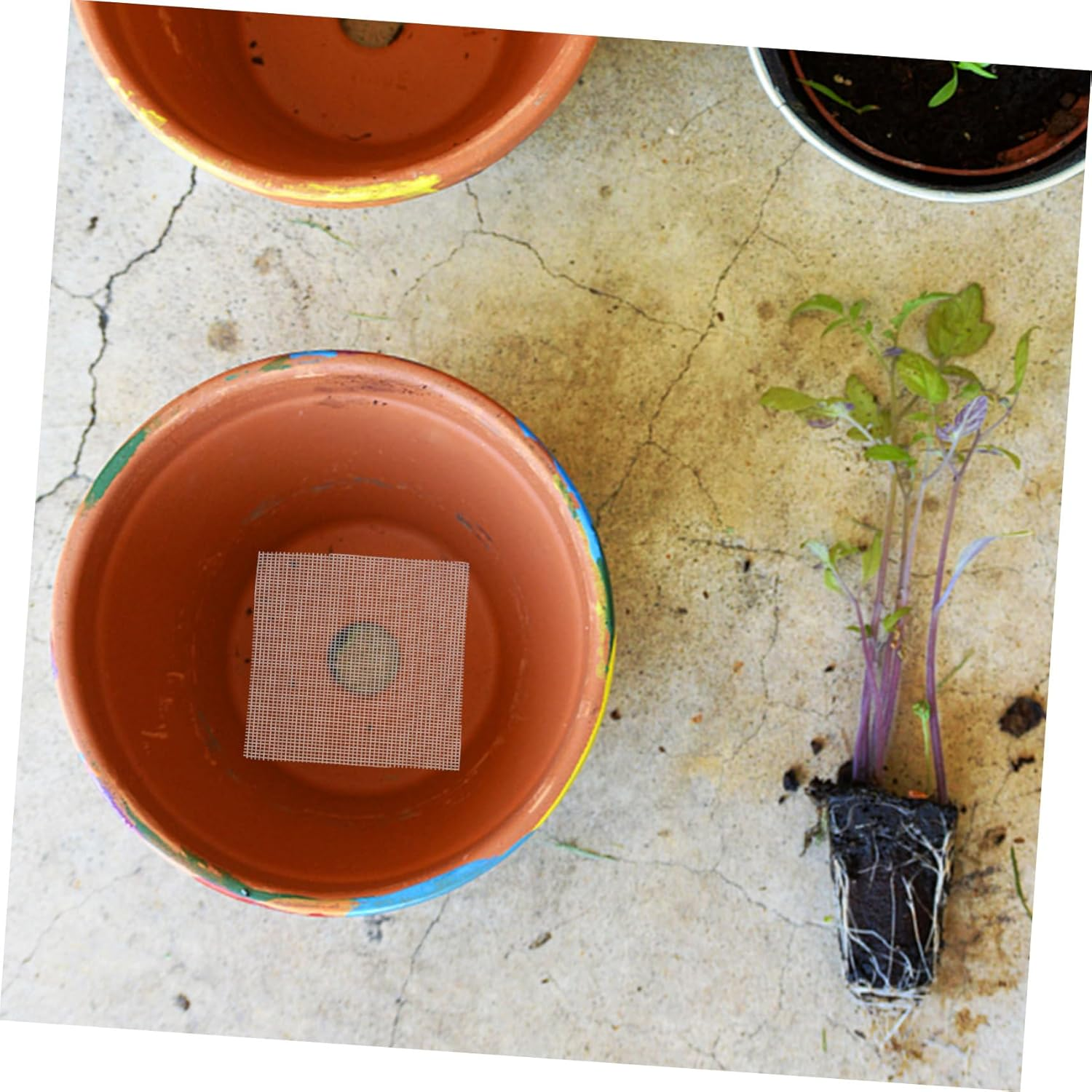 50Pcs Plant Pot Mesh Pads Square Flower Planter Bottom Mat for Retention Drainage Prevents Loss for Gardening and Pots - White image number 5