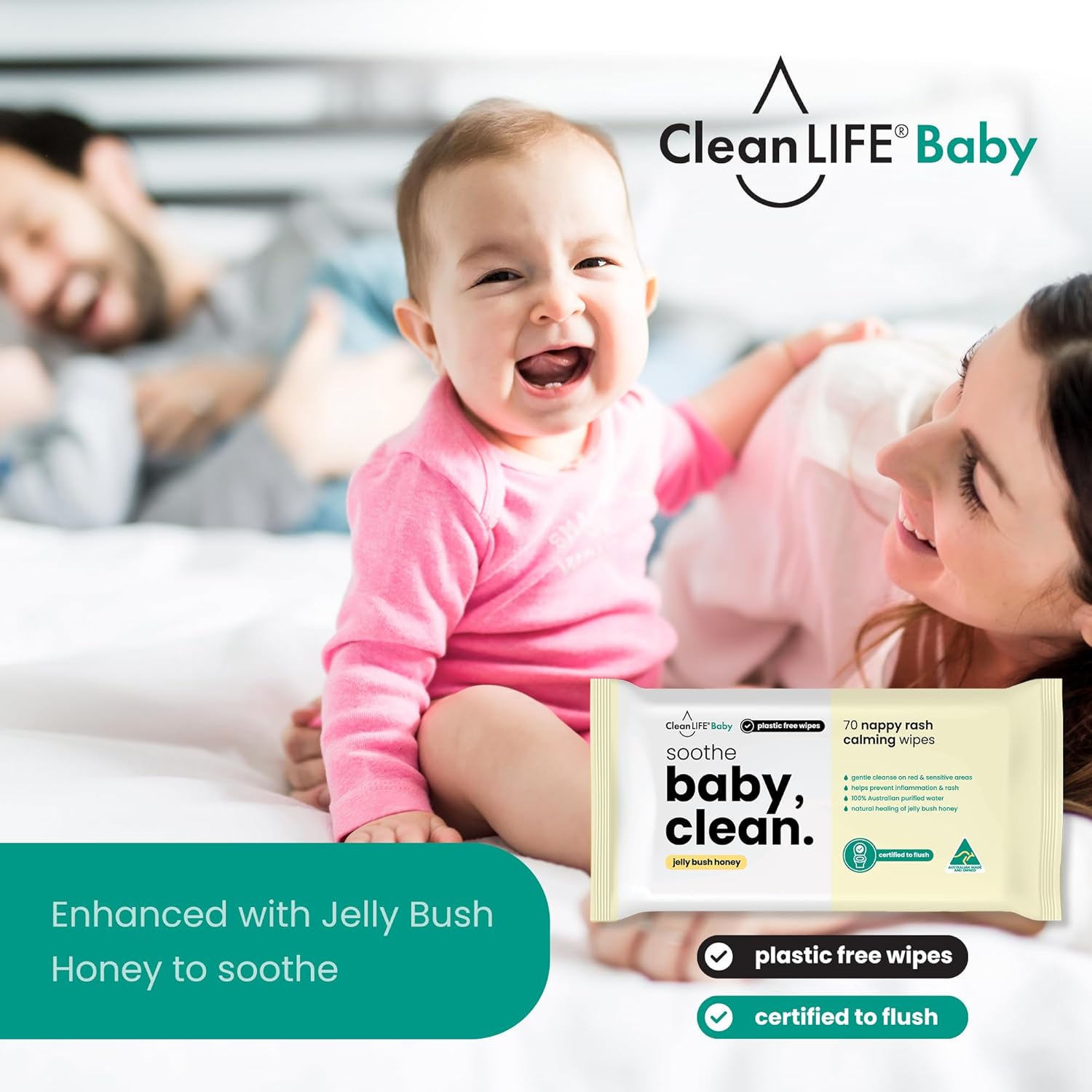 Cleanlife Baby Wipes Flushable &ndash; Jelly Bush Honey Soothes Nappy Rash, Sensitive Skin, Plant-Based, Biodegradable, 70 Wipes, 8-Packs image number 2