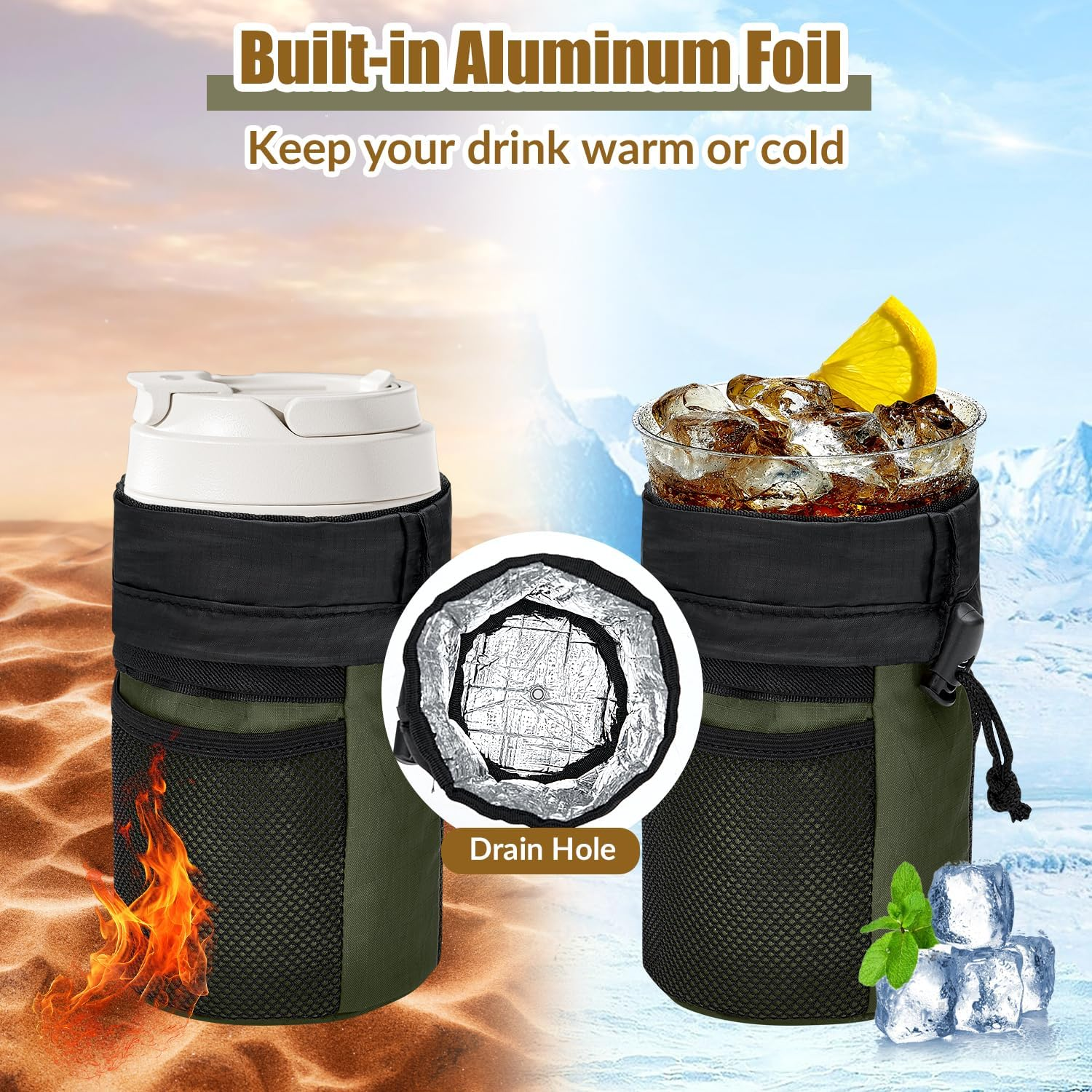 WOTOW Bike Handlebar Bottle Bag - Bicycle Insulated Stem Drink Cup Holder Water Bottle Bag Waterproof Pouch with Adjustable Shoulder Straps Mesh Pockets for All Bikes Daily Use Touring Commuting image number 4